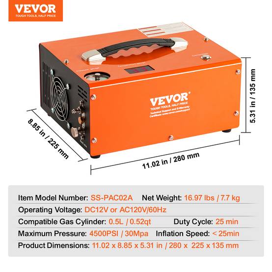 VEVOR Compresseur PCP portable 30 MPa, convertisseur intégré arrêt auto 12V/230V, sans huile. Pour pistolet a air. - Image 7