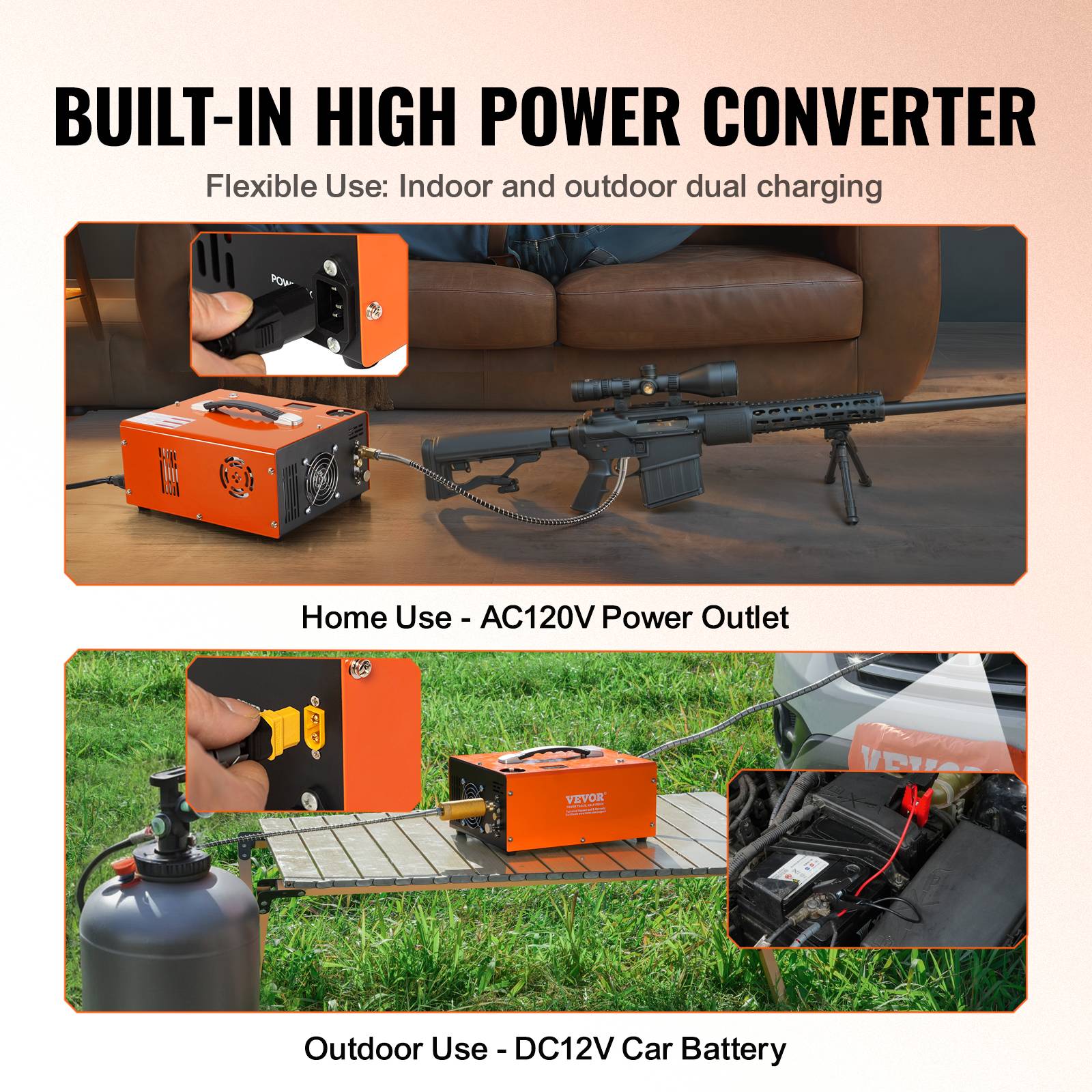 VEVOR Compresseur PCP portable 30 MPa, convertisseur intégré arrêt auto 12V/230V, sans huile. Pour pistolet a air. - Image 4