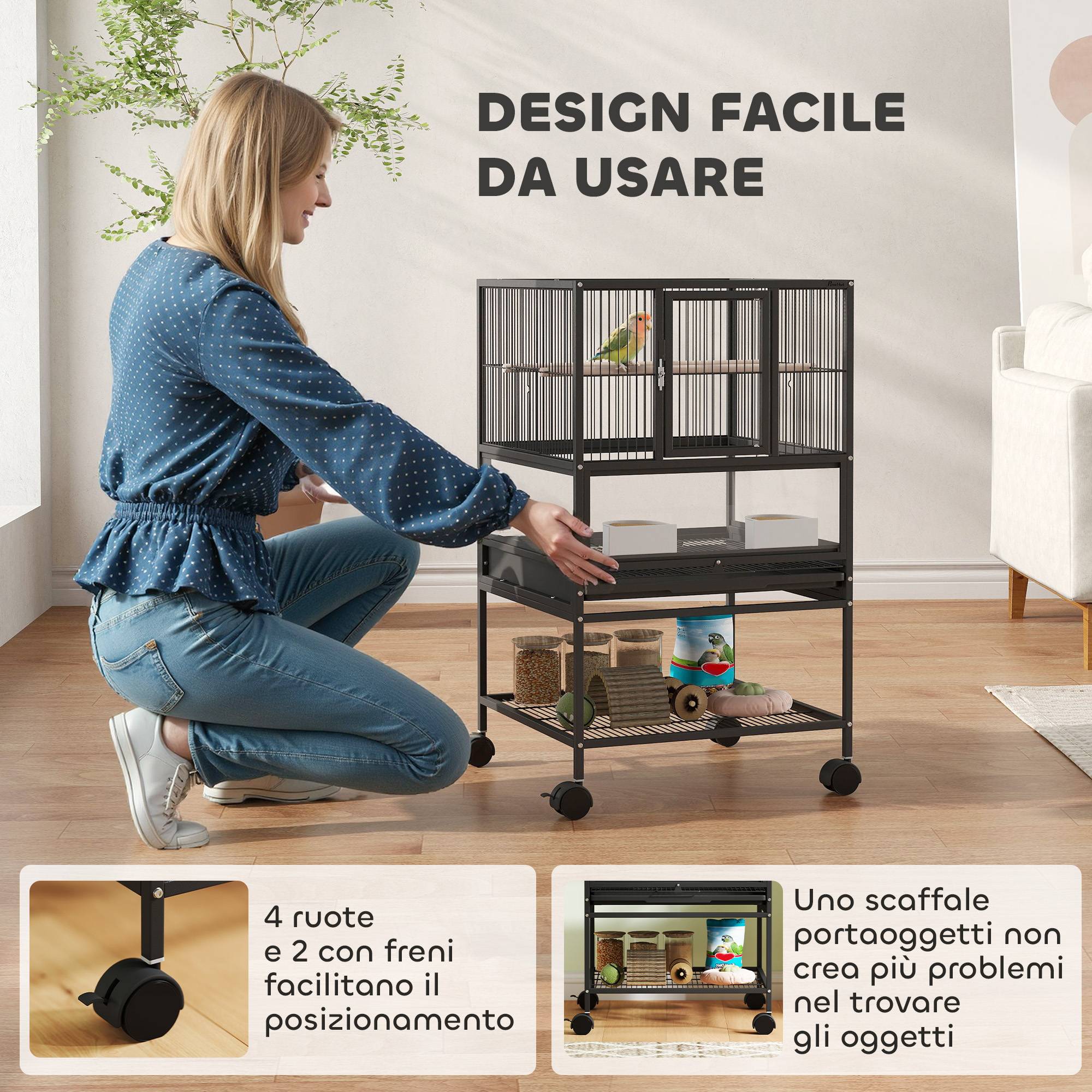 Cage pour oiseaux avec étagère inférieure, bac et grille amovibles, en acier et PP, 48x46x83 cm, noir - Image 9