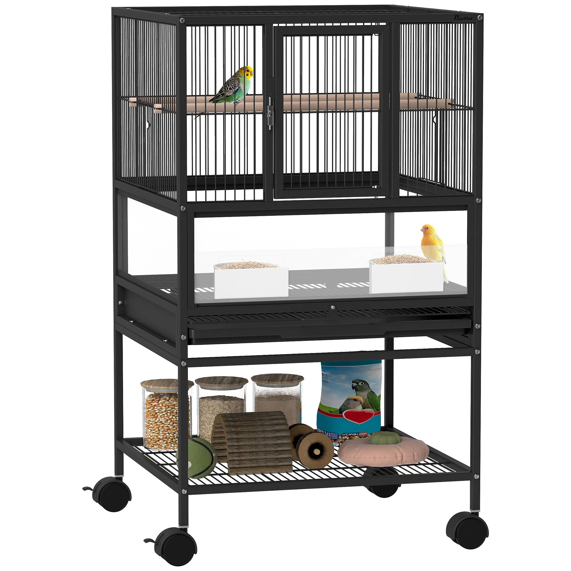 Cage pour oiseaux avec étagère inférieure, bac et grille amovibles, en acier et PP, 48x46x83 cm, noir - Image 1