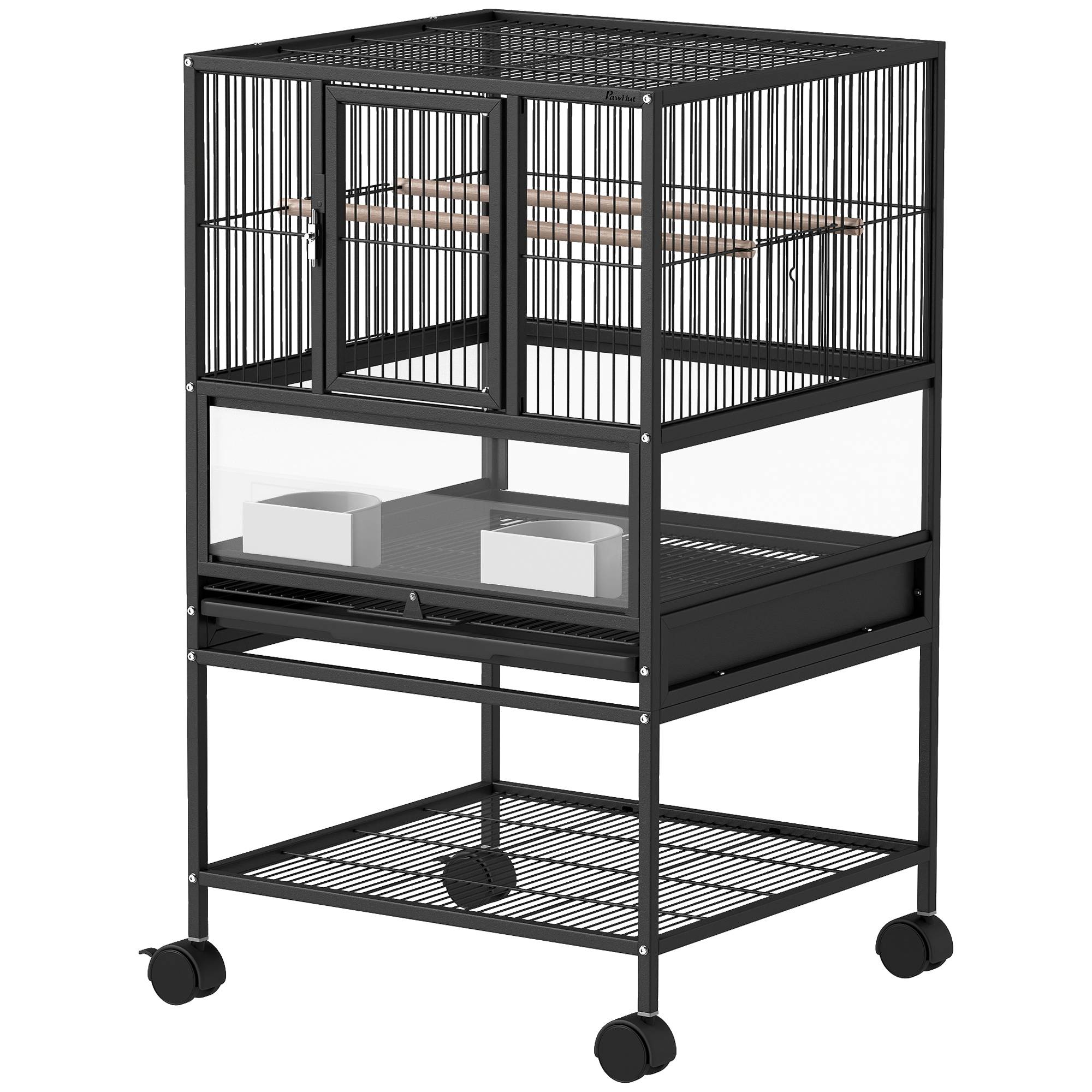Cage pour oiseaux avec étagère inférieure, bac et grille amovibles, en acier et PP, 48x46x83 cm, noir - Image 2