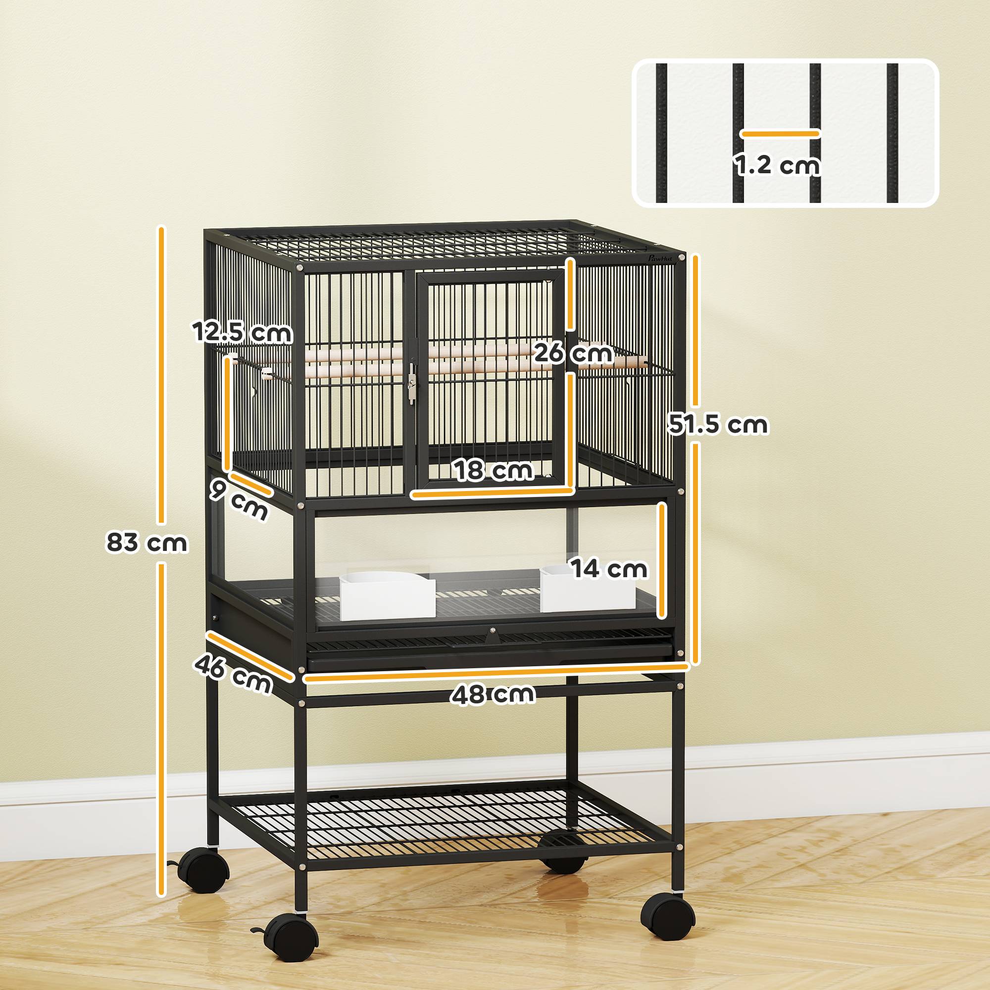 Cage pour oiseaux avec étagère inférieure, bac et grille amovibles, en acier et PP, 48x46x83 cm, noir - Image 5