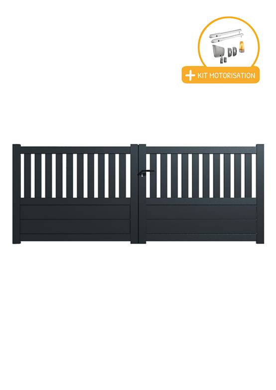 Portail alu battant semi-ajouré en kit +MOT dim. L.3000 (entre piliers) X H.1300 mmMOT SGS Essential (vérins) Gris (RAL 7016)