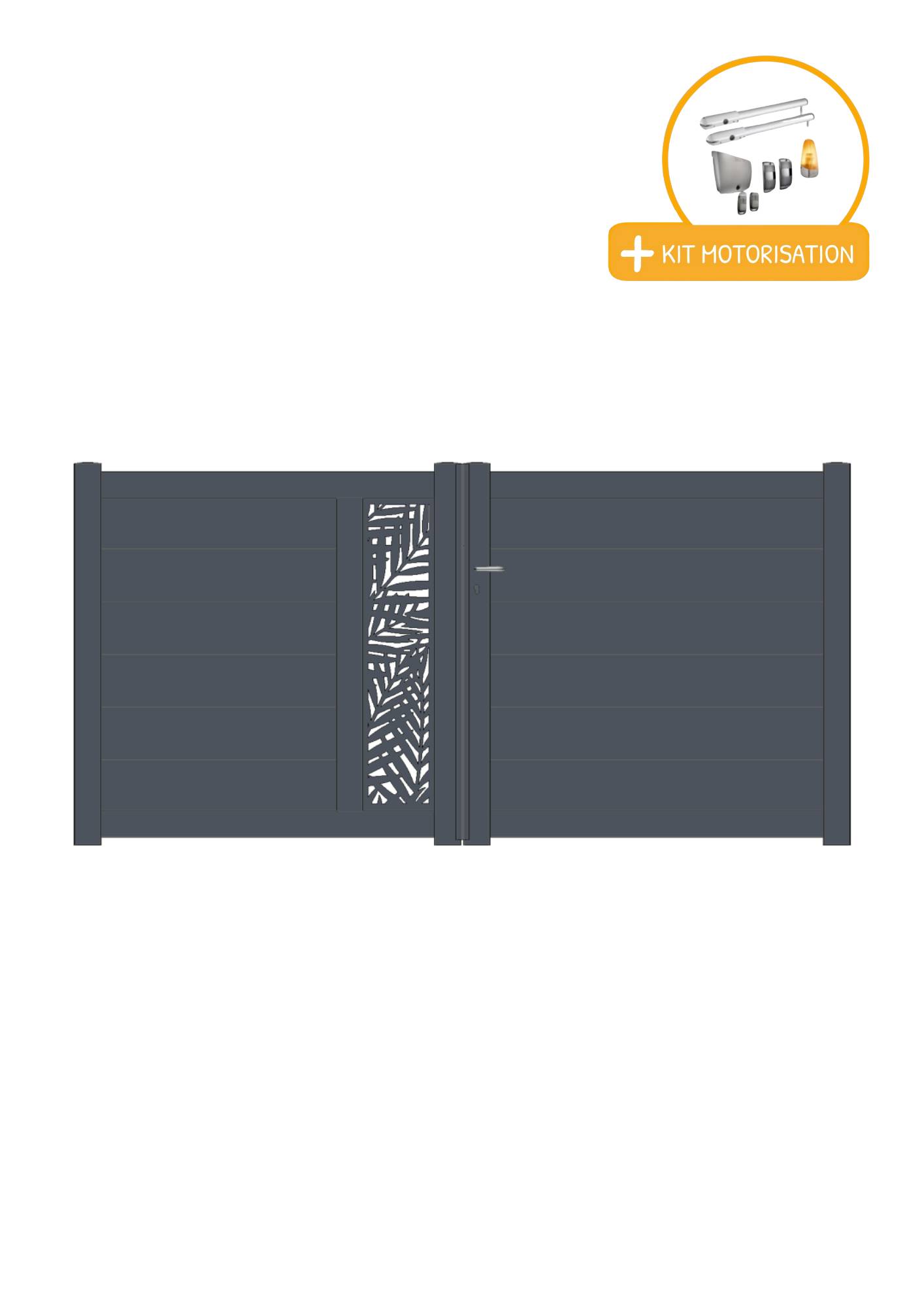 Portail Packit - Portail alu battant découpe laser en kit +MOT dim. L.3500 (entre piliers) X H.1500 mmMOT SGS Essential (vérins)  Gris (RAL 7016)