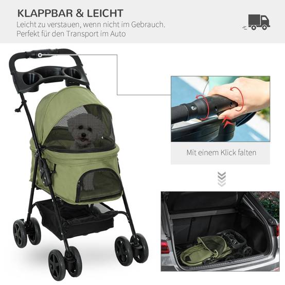 Poussette pour chien chat acier promenade petits animaux pliable avec rangement 67x45x96 cm vert - ComfortXL Outdoor Living - Image 4