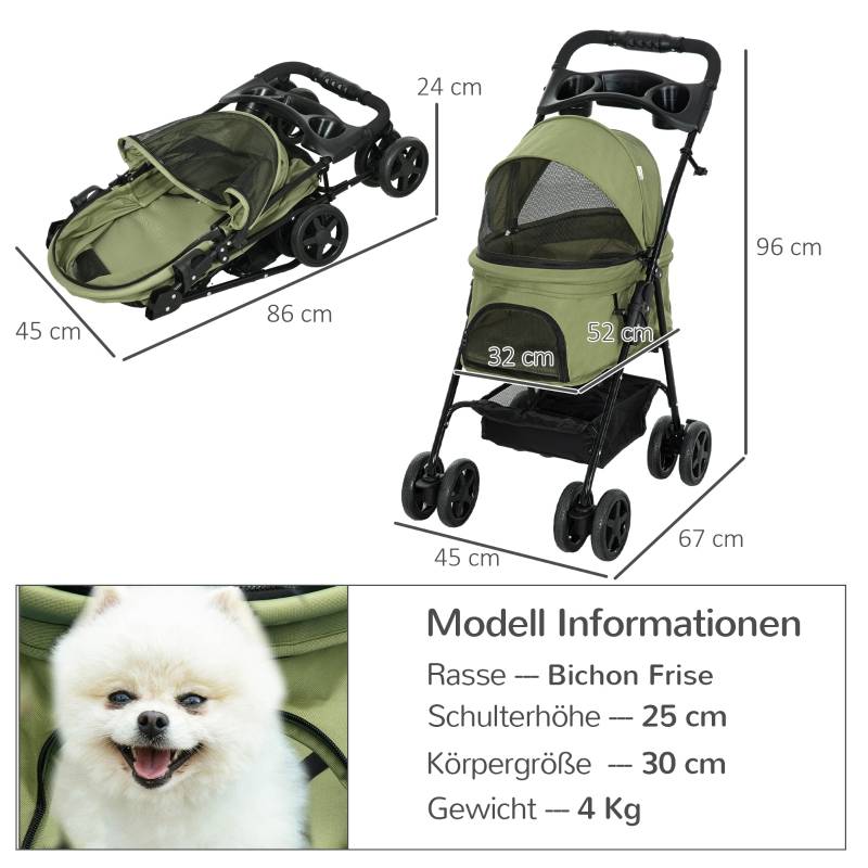 Poussette pour chien chat acier promenade petits animaux pliable avec rangement 67x45x96 cm vert - ComfortXL Outdoor Living - Image 3