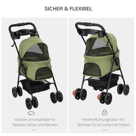 Poussette pour chien chat acier promenade petits animaux pliable avec rangement 67x45x96 cm vert - ComfortXL Outdoor Living - Image 5