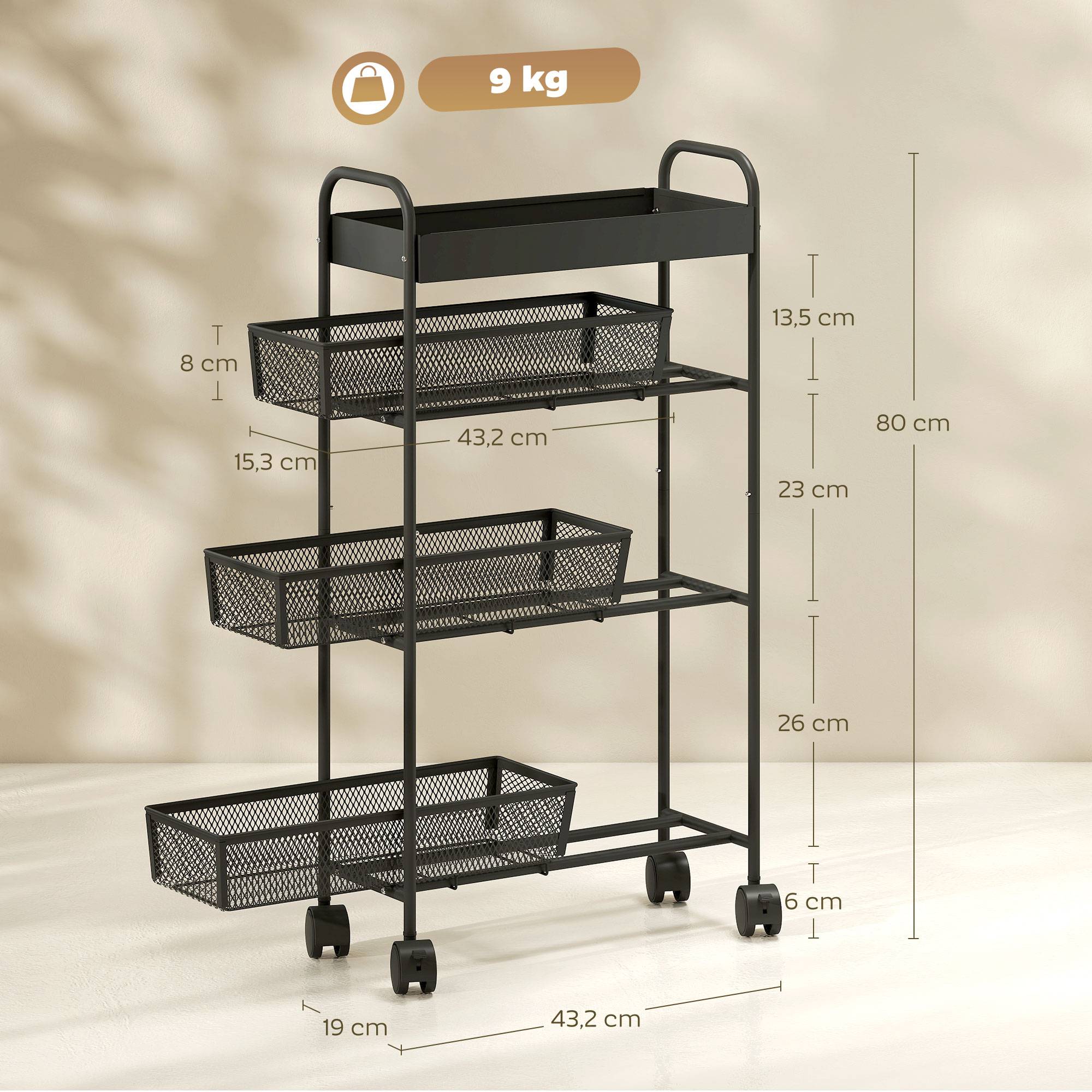 Chariot de rangement à 4 niveaux, desserte à roulettes, 3 paniers coulissants, panier supérieur 19 x 43,2 x 80 cm noir - Image 5
