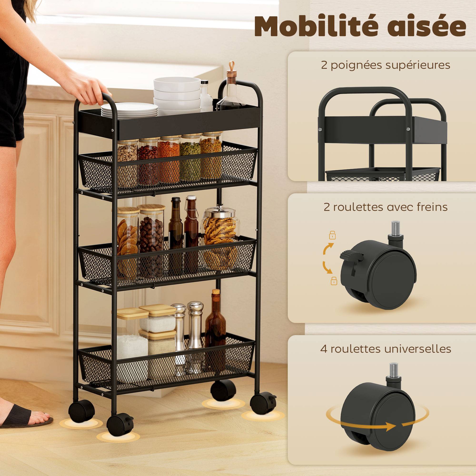 Chariot de rangement à 4 niveaux, desserte à roulettes, 3 paniers coulissants, panier supérieur 19 x 43,2 x 80 cm noir - Image 9