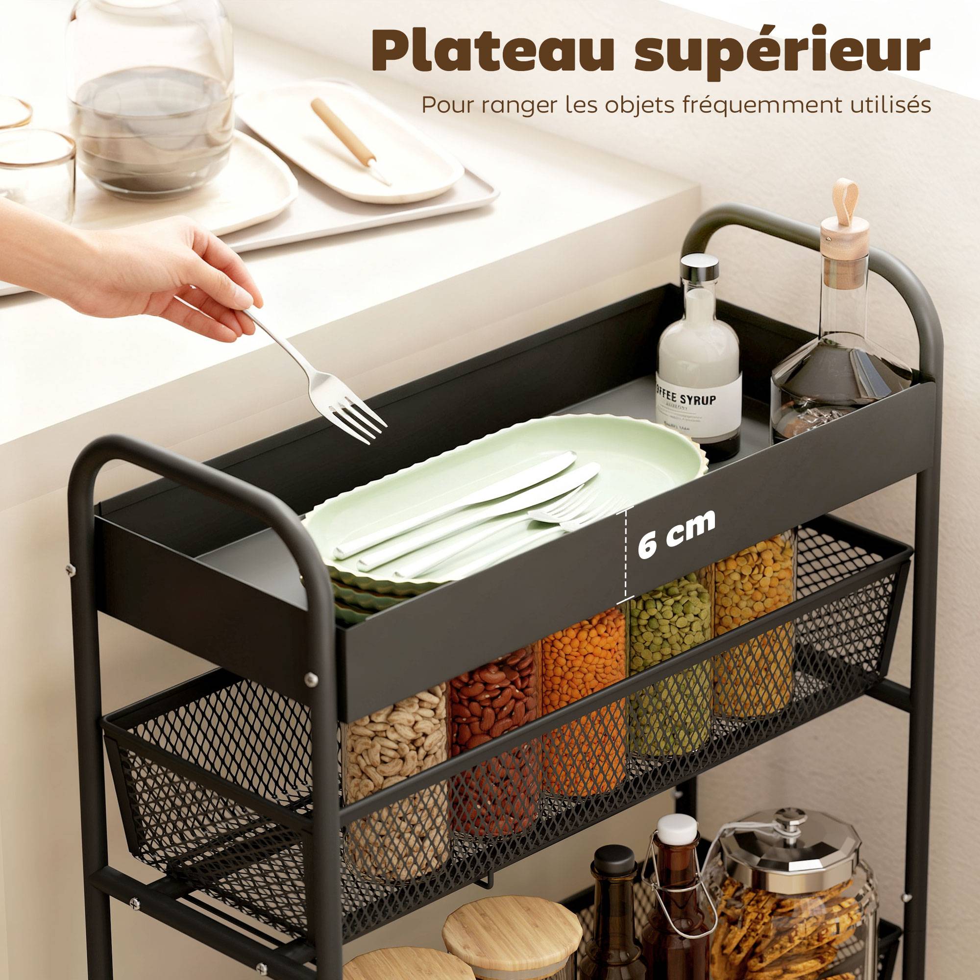 Chariot de rangement à 4 niveaux, desserte à roulettes, 3 paniers coulissants, panier supérieur 19 x 43,2 x 80 cm noir - Image 7