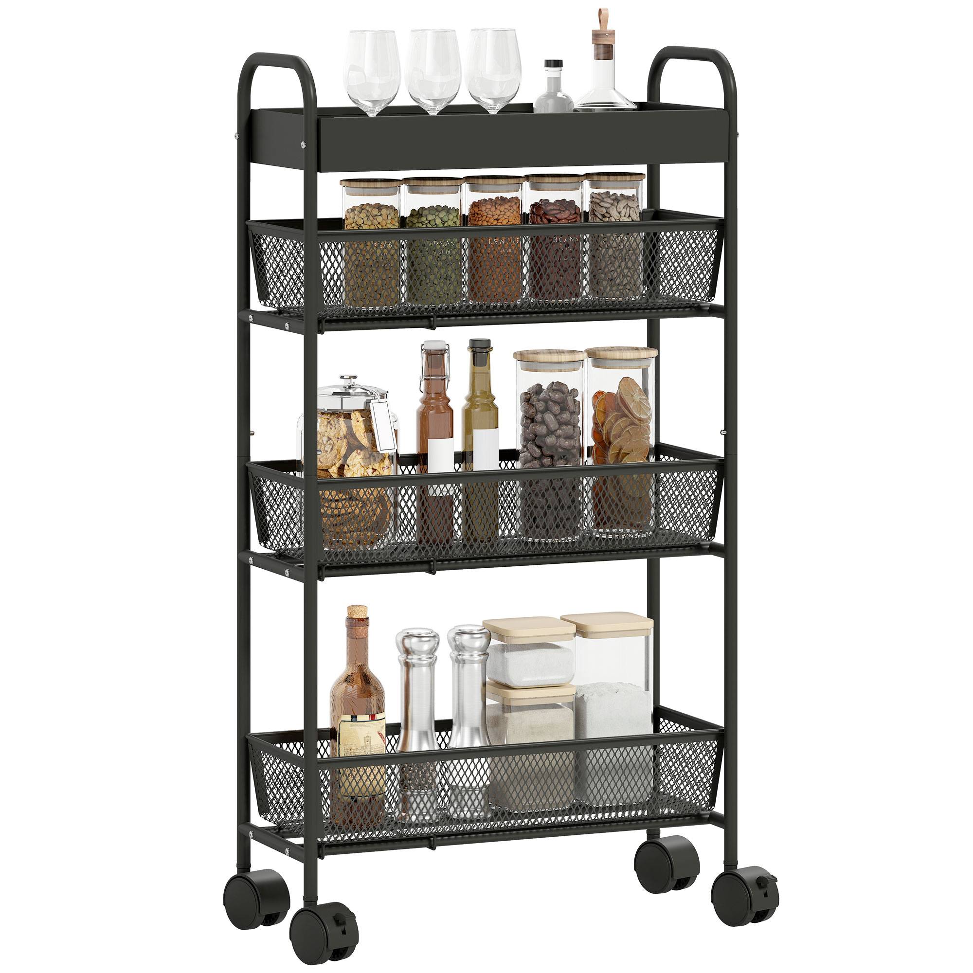 Chariot de rangement à 4 niveaux, desserte à roulettes, 3 paniers coulissants, panier supérieur 19 x 43,2 x 80 cm noir - Image 1