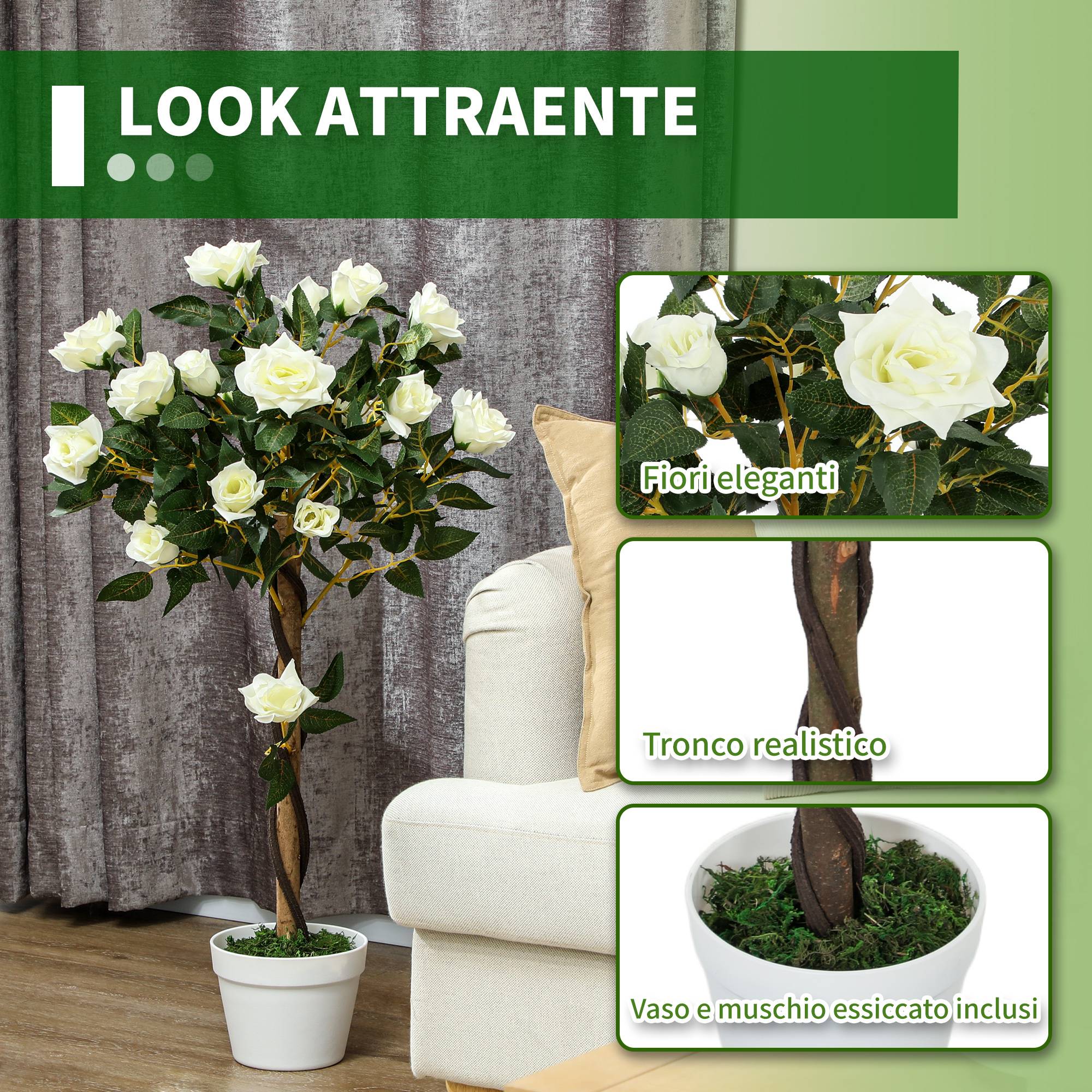 Rose artificielle 21 fleurs, pot ciment/mousse, Ø18x90cm, blanc - Image 7