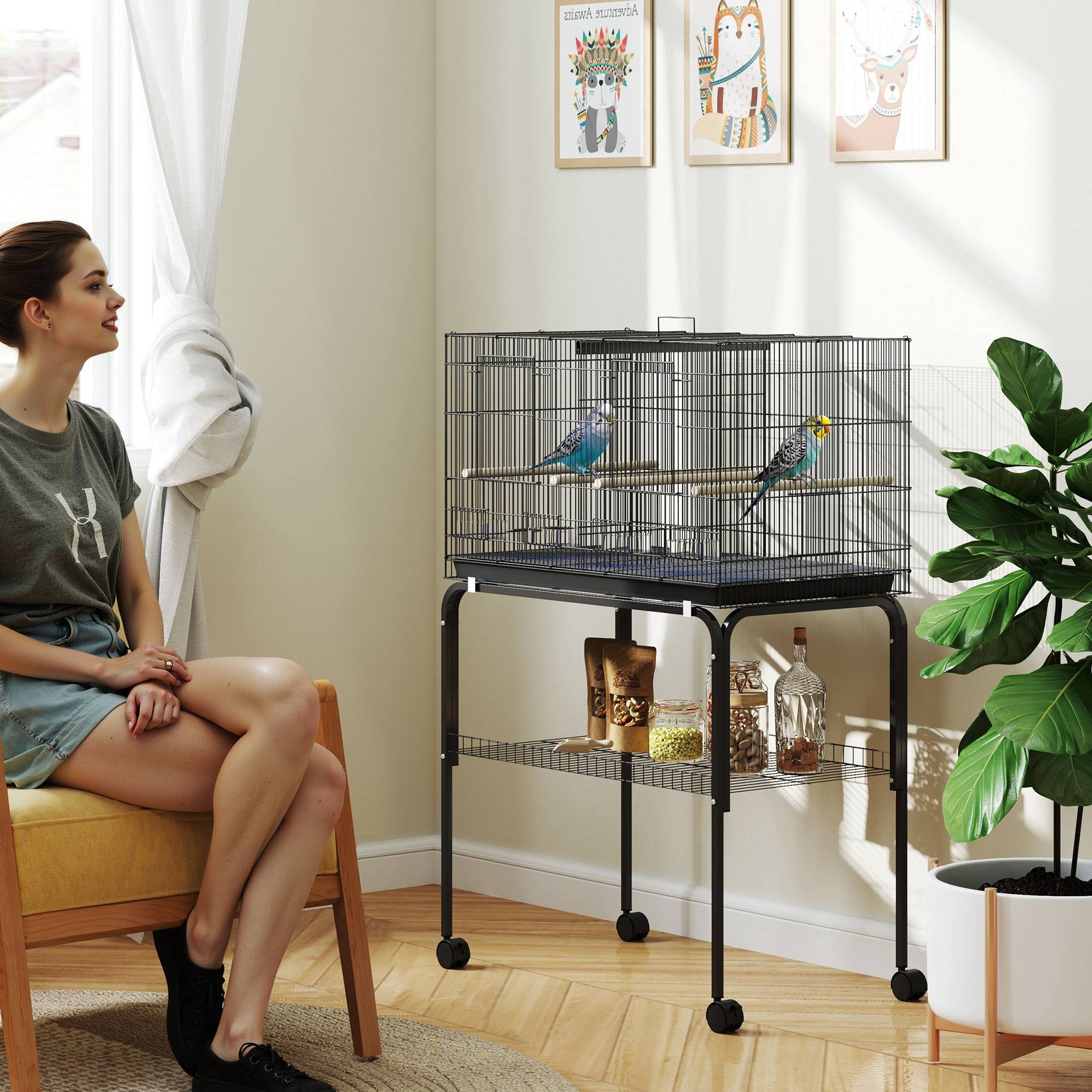 ComfortXL - Volière d'intérieur pour oiseaux en acier noir 76 x 46 x 116 cm avec séparateur amovible et roulettes