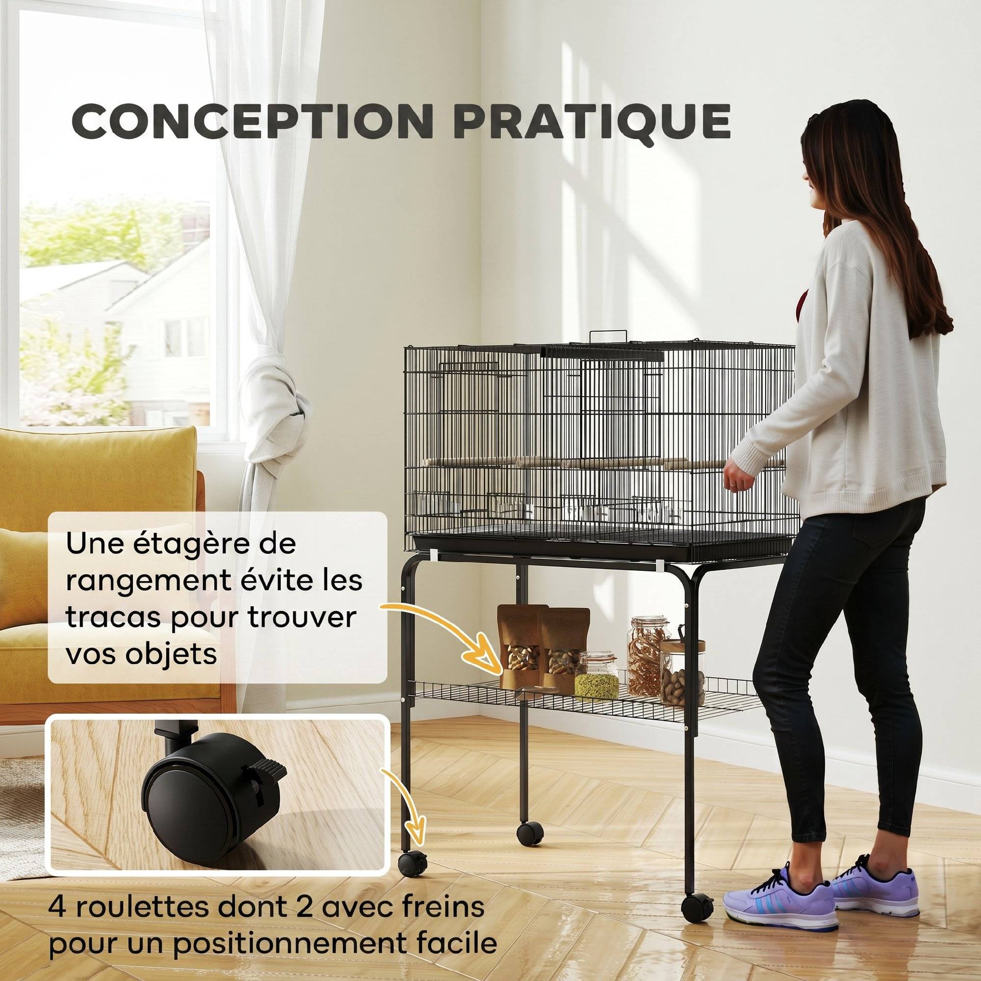 ComfortXL - Volière d'intérieur pour oiseaux en acier noir 76 x 46 x 116 cm avec séparateur amovible et roulettes - Image 8