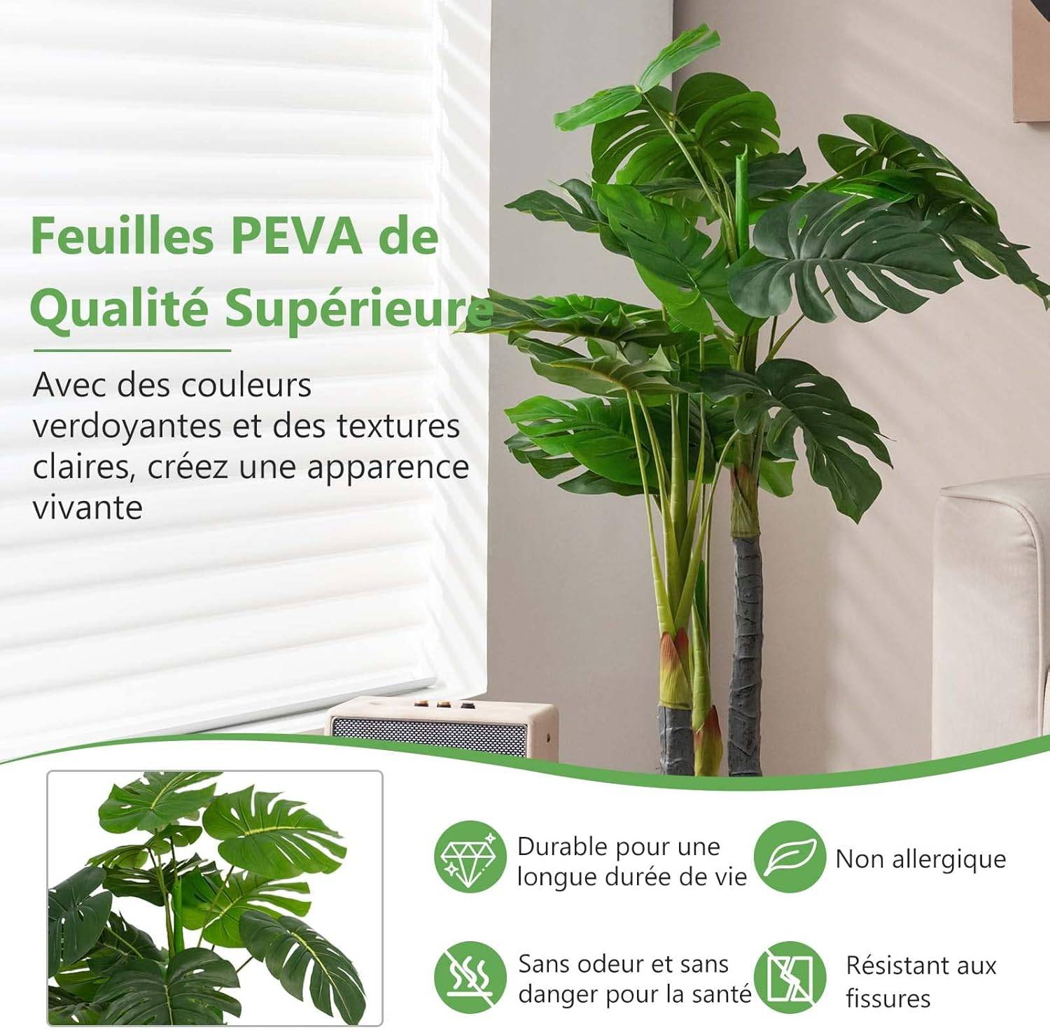 Palmier Artificiel Monstera Deliciosa 120CM avec 20 Feuilles Décoration pour Maison Bureau Terrasse - Image 4