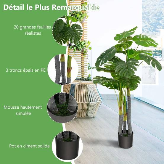 Palmier Artificiel Monstera Deliciosa 120CM avec 20 Feuilles Décoration pour Maison Bureau Terrasse - Image 2