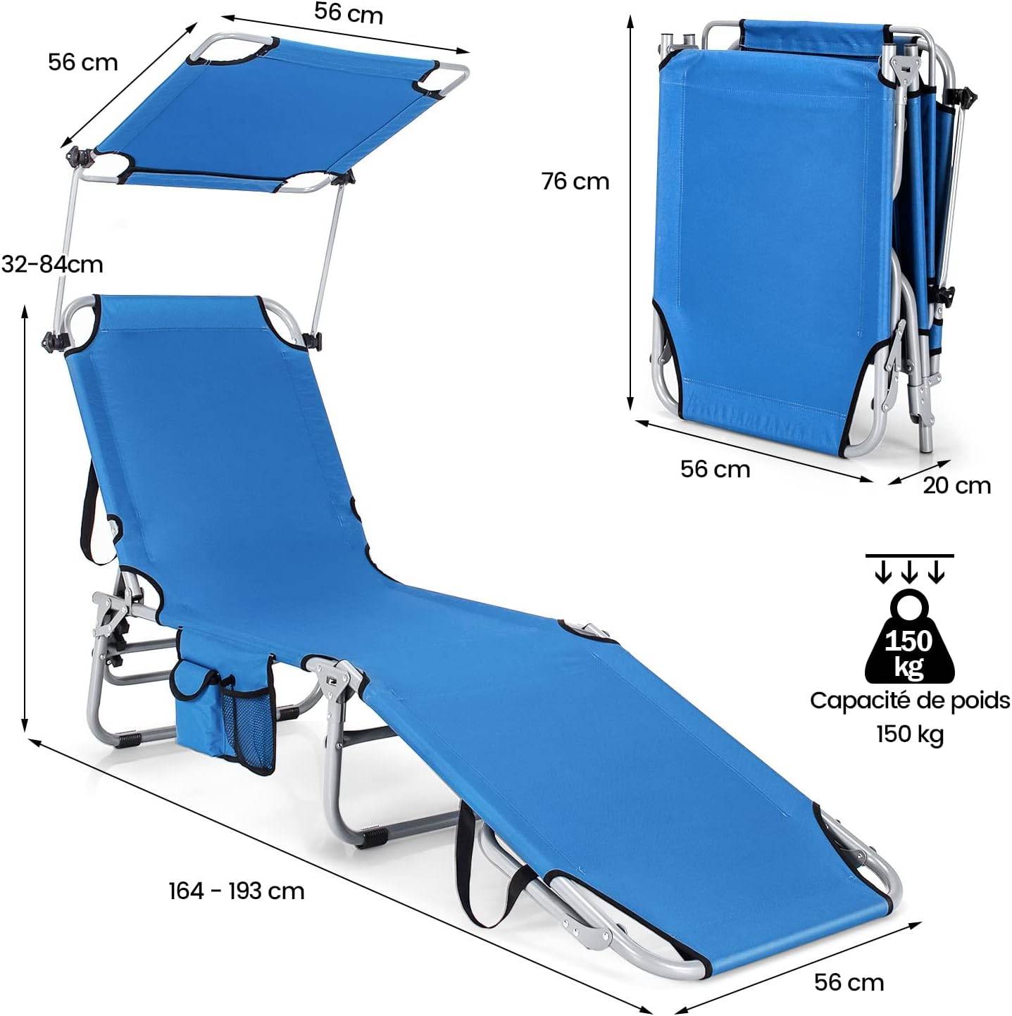 Chaise Longue Pliante Inclinable à 5 Positions avec Auvent Rotatif à 360°,Charge Max 150 kg, Bleu - Image 5