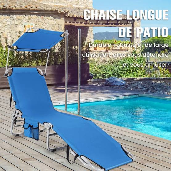 Chaise Longue Pliante Inclinable à 5 Positions avec Auvent Rotatif à 360°,Charge Max 150 kg, Bleu - Image 2