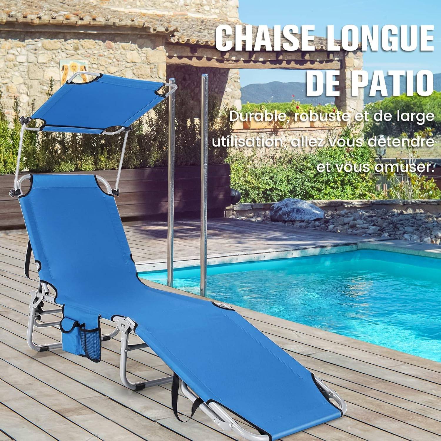 Chaise Longue Pliante Inclinable à 5 Positions avec Auvent Rotatif à 360°,Charge Max 150 kg, Bleu - Image 2