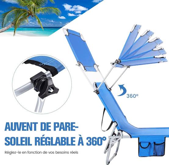 Chaise Longue Pliante Inclinable à 5 Positions avec Auvent Rotatif à 360°,Charge Max 150 kg, Bleu - Image 4