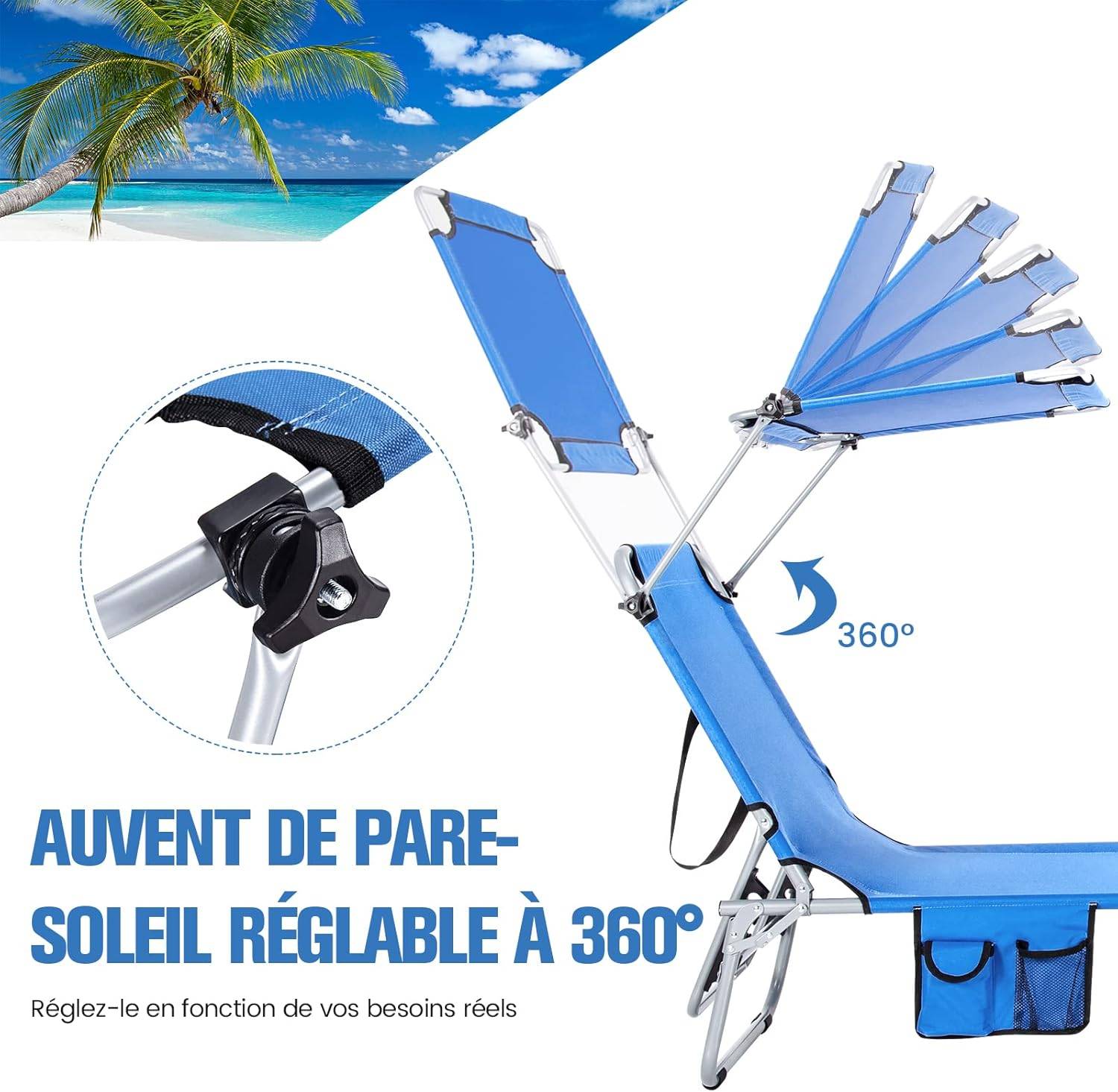 Chaise Longue Pliante Inclinable à 5 Positions avec Auvent Rotatif à 360°,Charge Max 150 kg, Bleu - Image 4