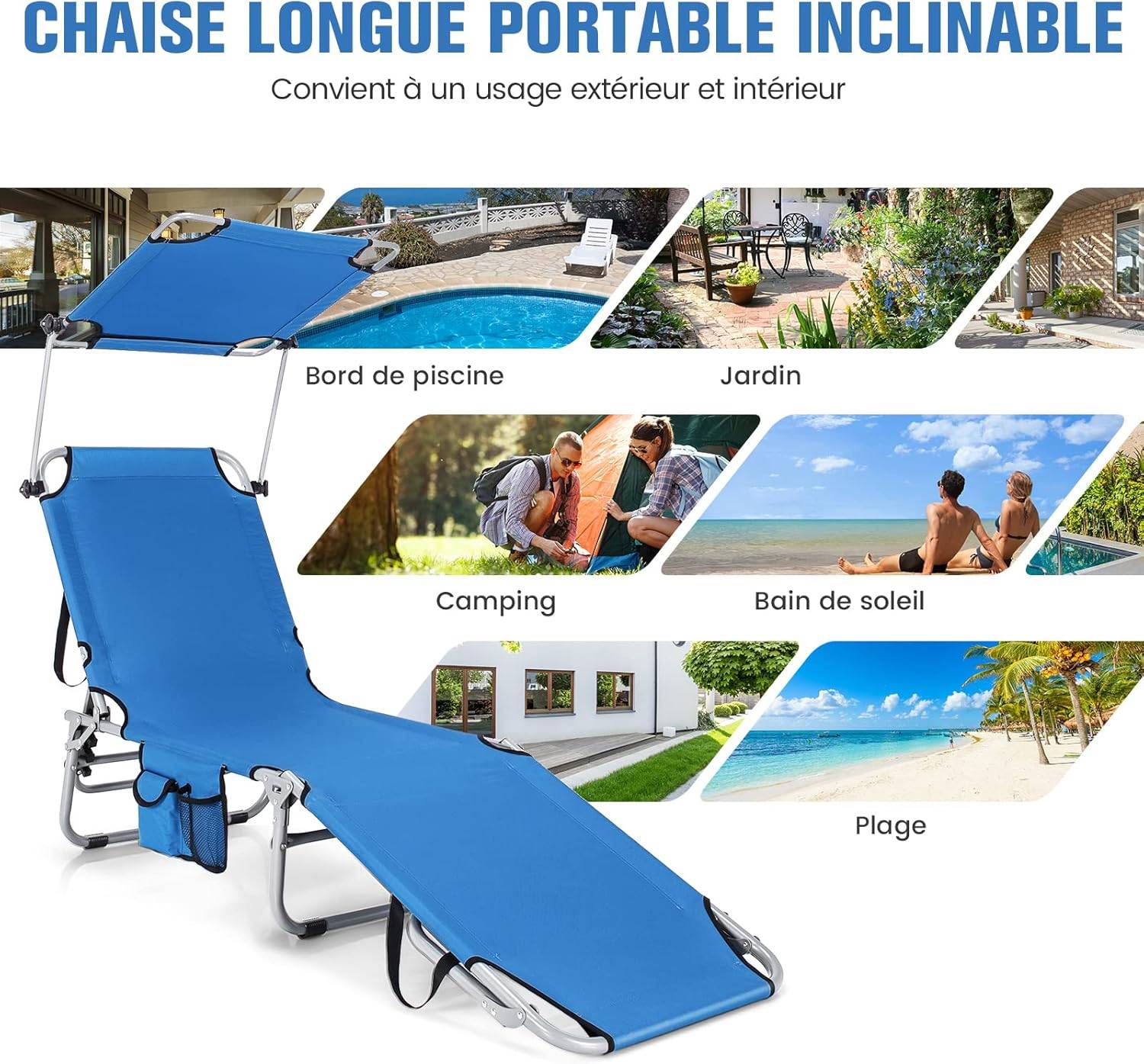 Chaise Longue Pliante Inclinable à 5 Positions avec Auvent Rotatif à 360°,Charge Max 150 kg, Bleu - Image 6