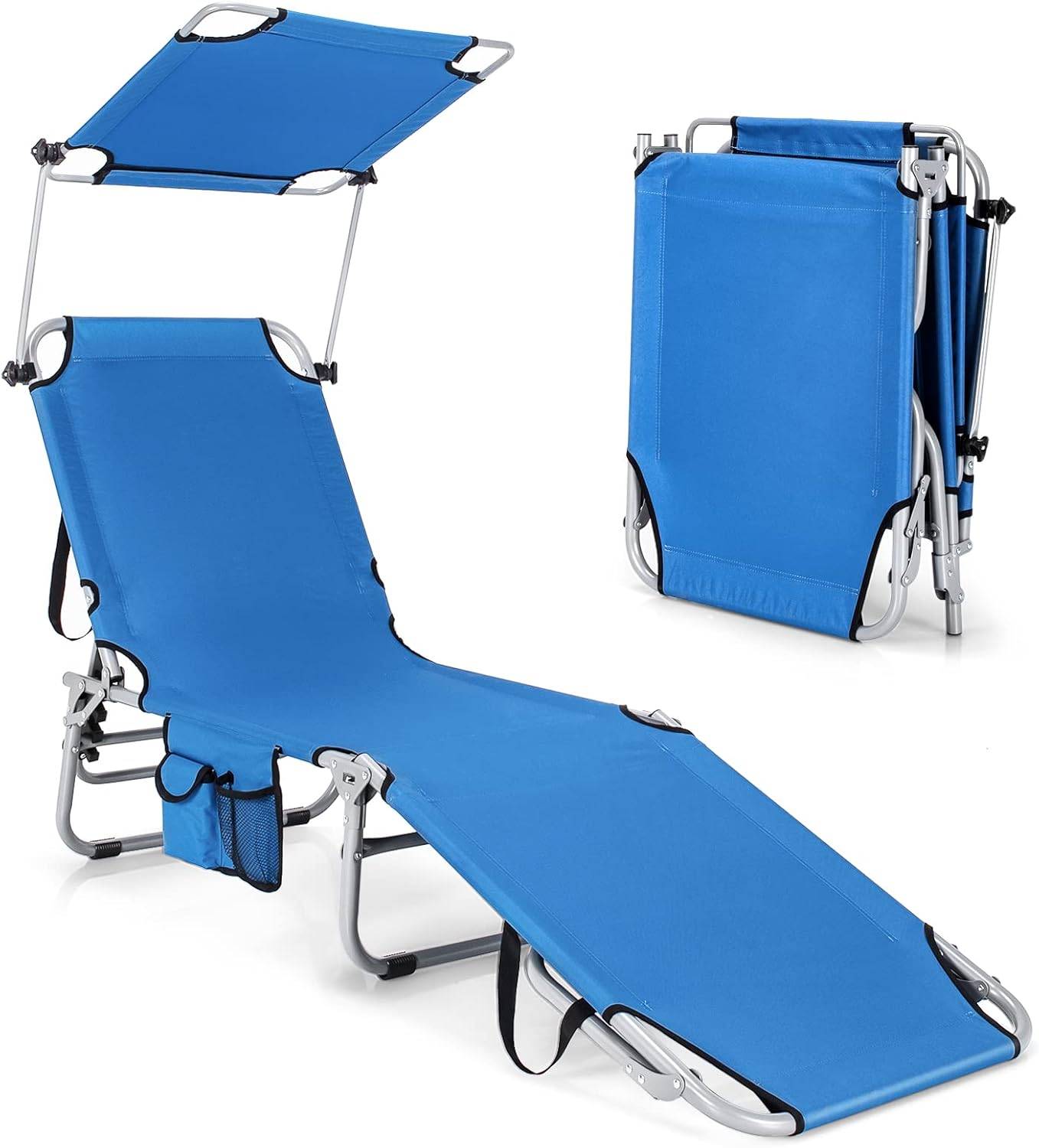 Chaise Longue Pliante Inclinable à 5 Positions avec Auvent Rotatif à 360°,Charge Max 150 kg, Bleu - Image 1