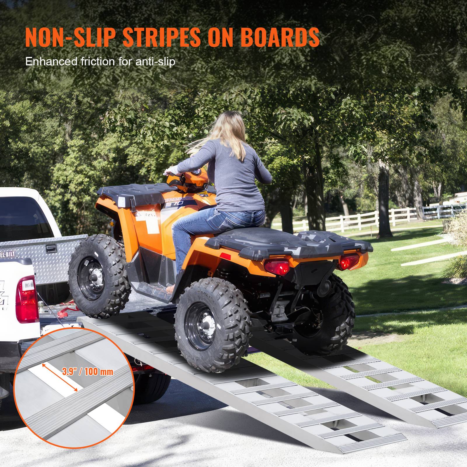 VEVOR Rampes aluminium 183x38cm (2pcs), capacité 6000 lb, pour moto, VTT, tracteur, tondeuse. - Image 4