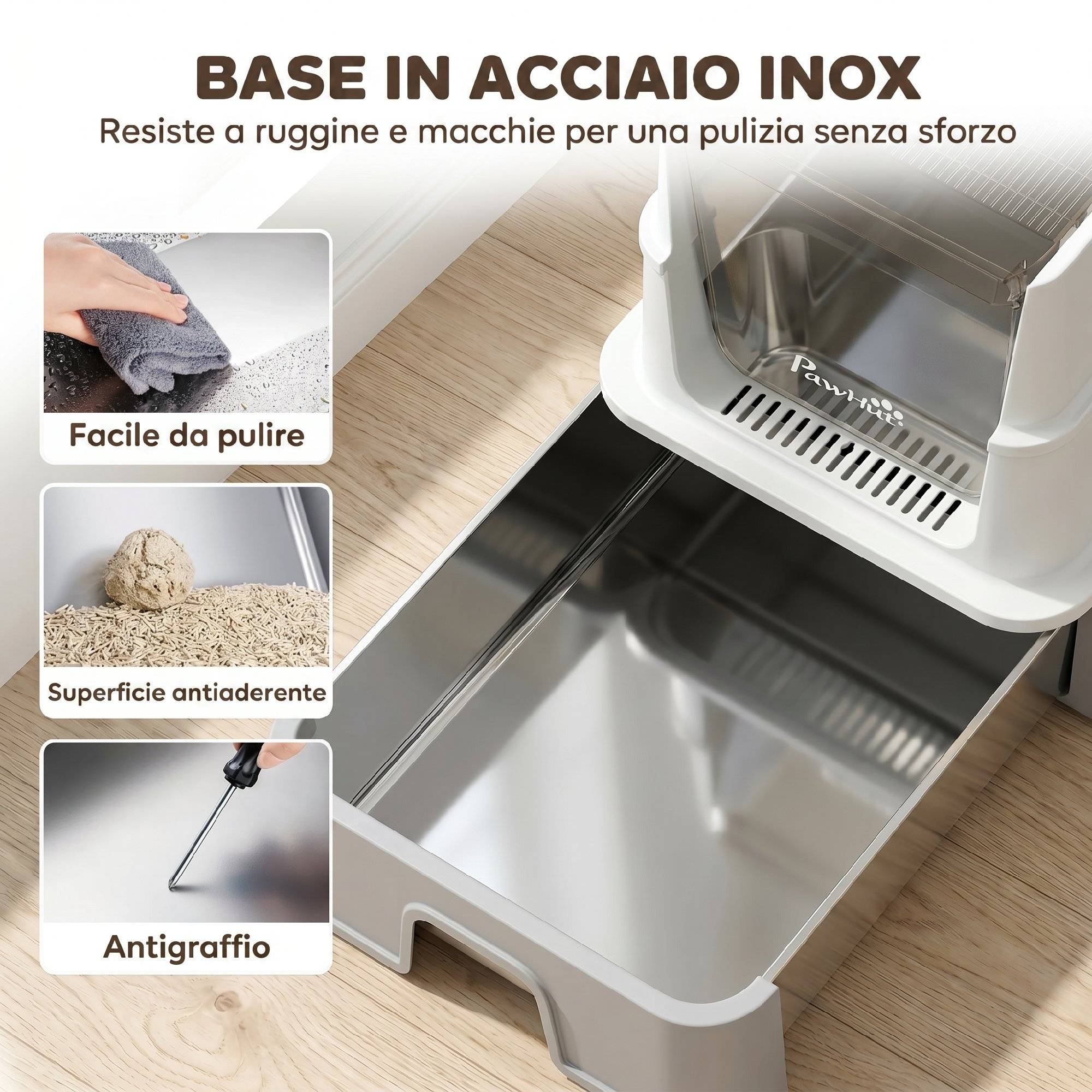 Litière fermée 3 en 1 68L avec couvercle et bac amovible acier inox, pelle, gris - Image 6