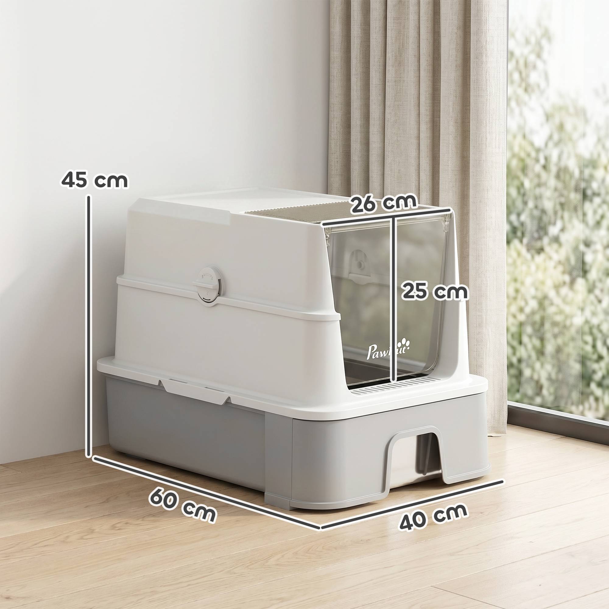 Litière fermée 3 en 1 68L avec couvercle et bac amovible acier inox, pelle, gris - Image 5