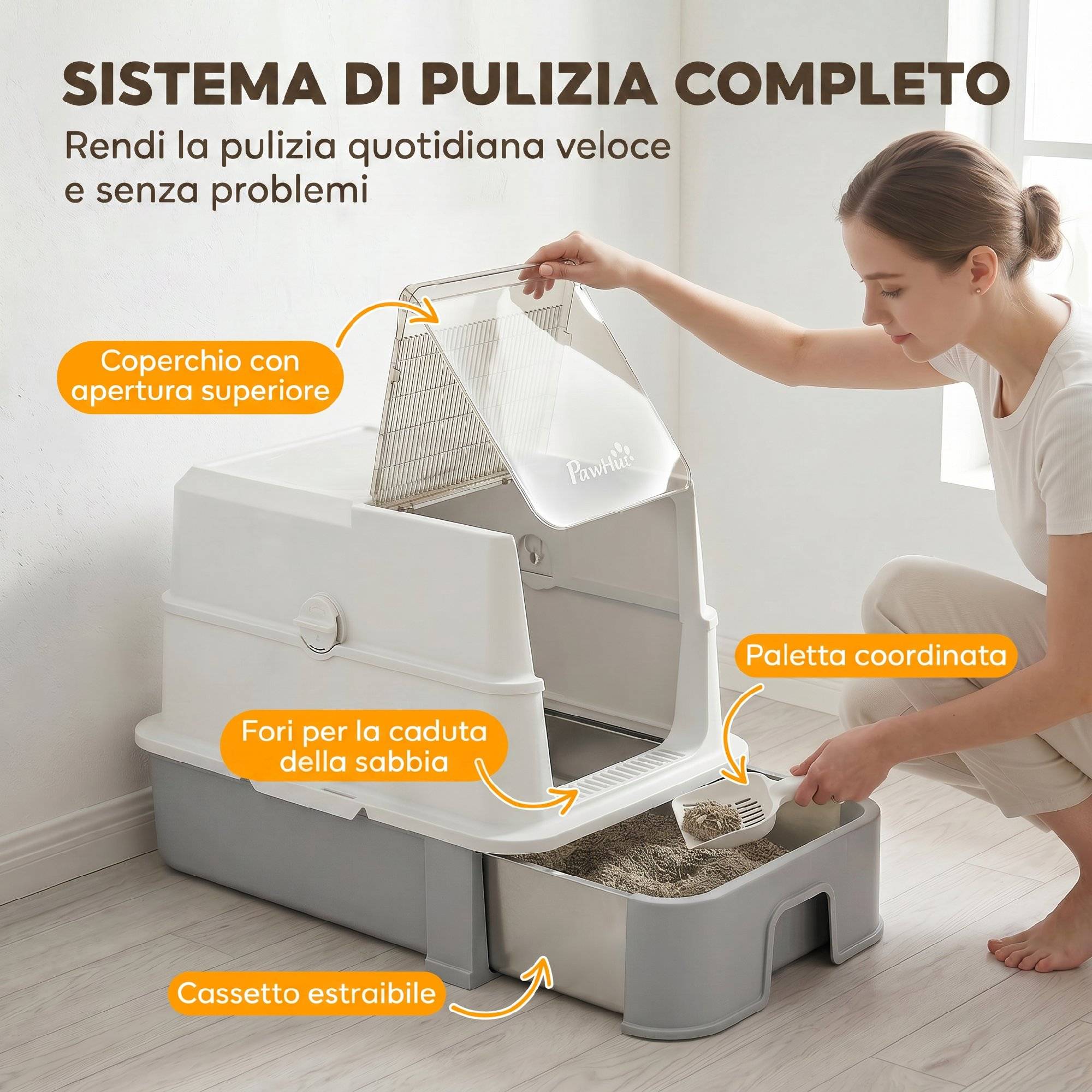 Litière fermée 3 en 1 68L avec couvercle et bac amovible acier inox, pelle, gris - Image 9