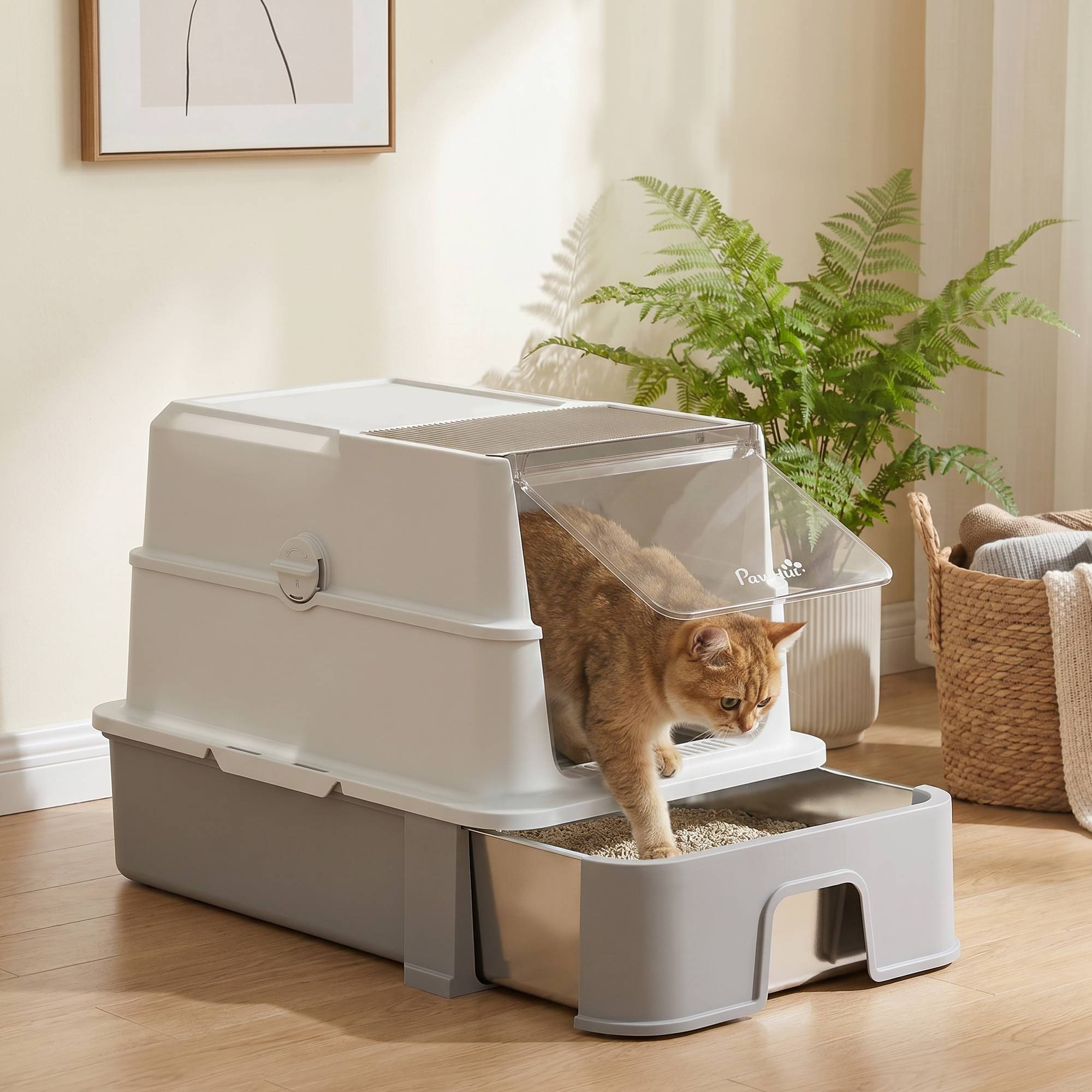 Litière fermée 3 en 1 68L avec couvercle et bac amovible acier inox, pelle, gris - Image 10