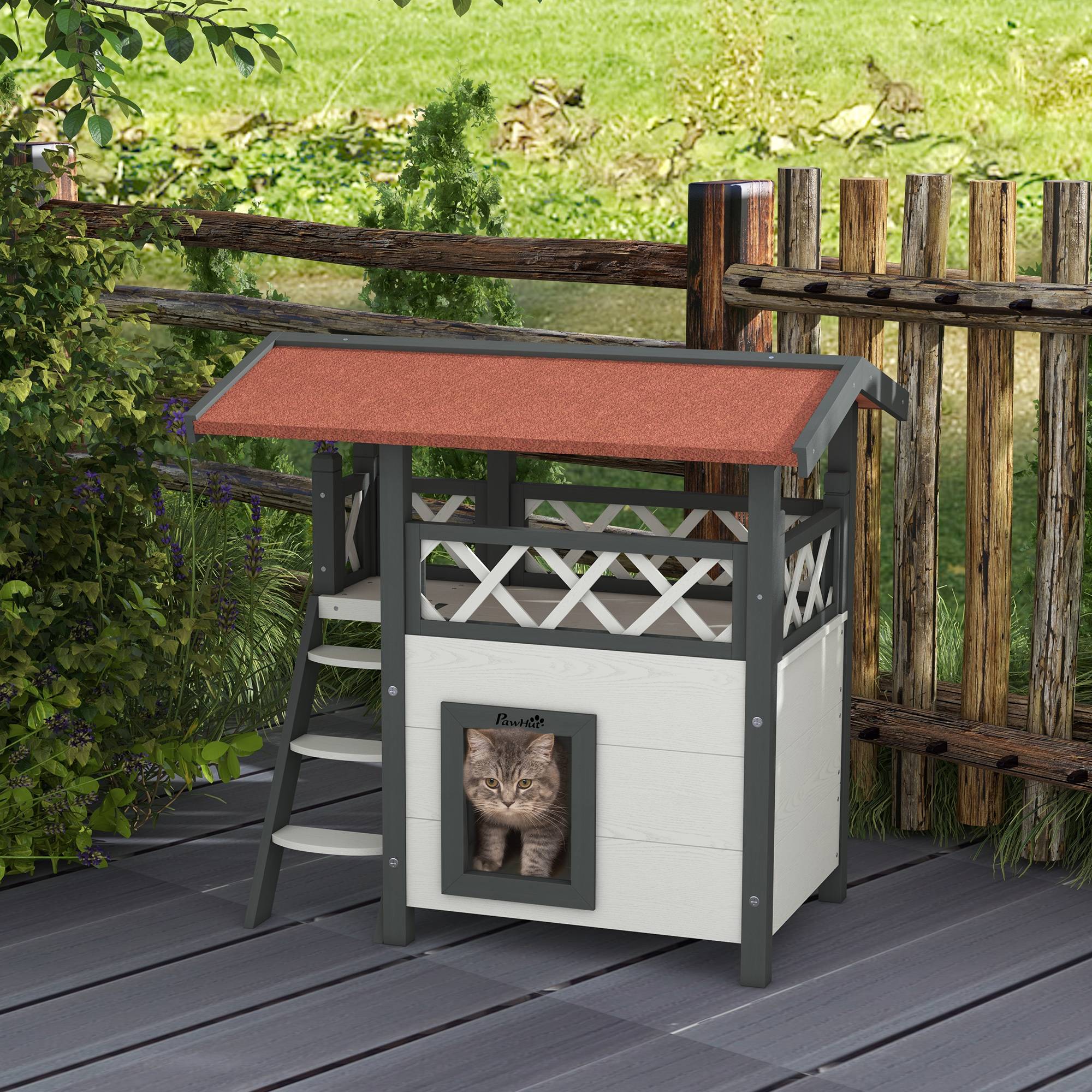 Niche pour chat à 2 niveaux (77 x 50 x 73 cm) avec toit en asphalte, échelle et balcon pour usage extérieur, blanche - Image 3