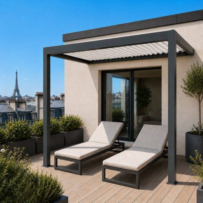 Pergola Bioclimatique Aluminium Adossée Motorisée Éclairée 2x3 Anthracite SV ORIAL France