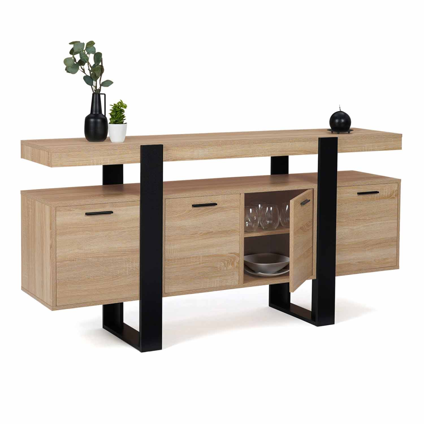 Buffet 160 cm PHOENIX XXL 4 portes bois et noir - Image 4
