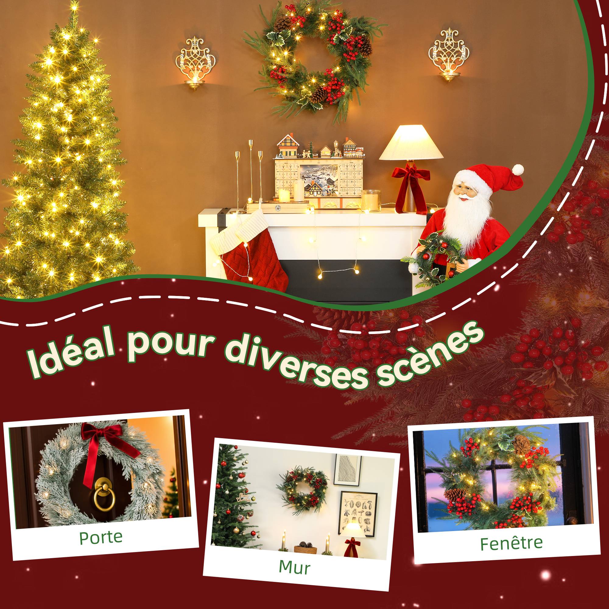 ComfortXL - Couronne de Noël lumineuse en plastique vert 60 cm avec 35 LED blanc chaud et minuterie pour porte d'entrée ou salon - Image 7