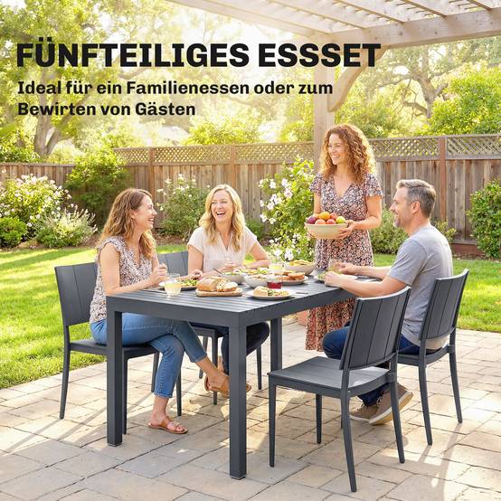 ComfortXL - Salon de jardin 5 pièces métal gris foncé table 141,5 cm 4 chaises empilables terrasse balcon gain de place - Image 4