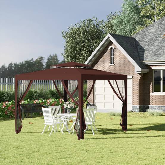 Tonnelle de Jardin 3x3m Acier avec 4 Moustiquaires Double Toit pour Terrasse Marron - ComfortXL Outdoor Living - Image 3