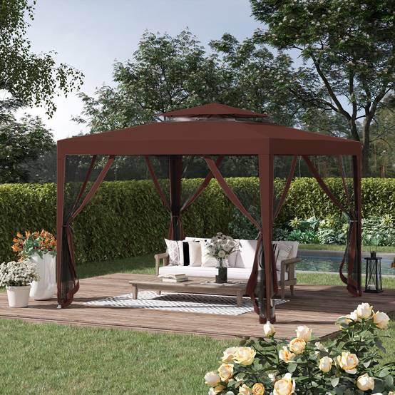 Tonnelle de Jardin 3x3m Acier avec 4 Moustiquaires Double Toit pour Terrasse Marron - ComfortXL Outdoor Living - Image 4