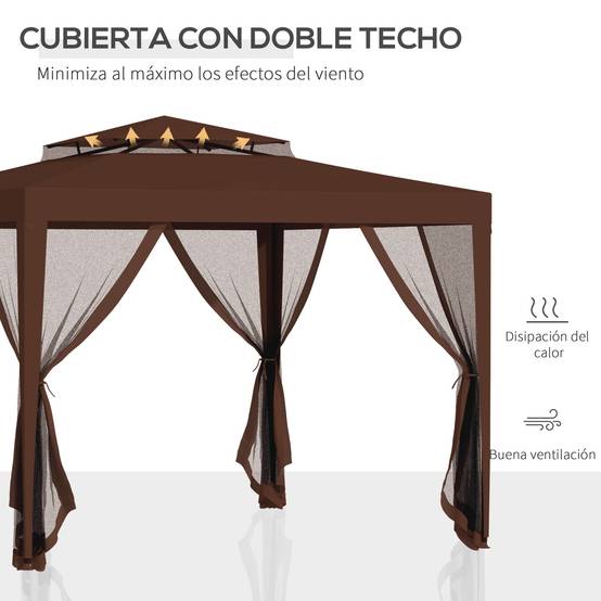 Tonnelle de Jardin 3x3m Acier avec 4 Moustiquaires Double Toit pour Terrasse Marron - ComfortXL Outdoor Living - Image 6