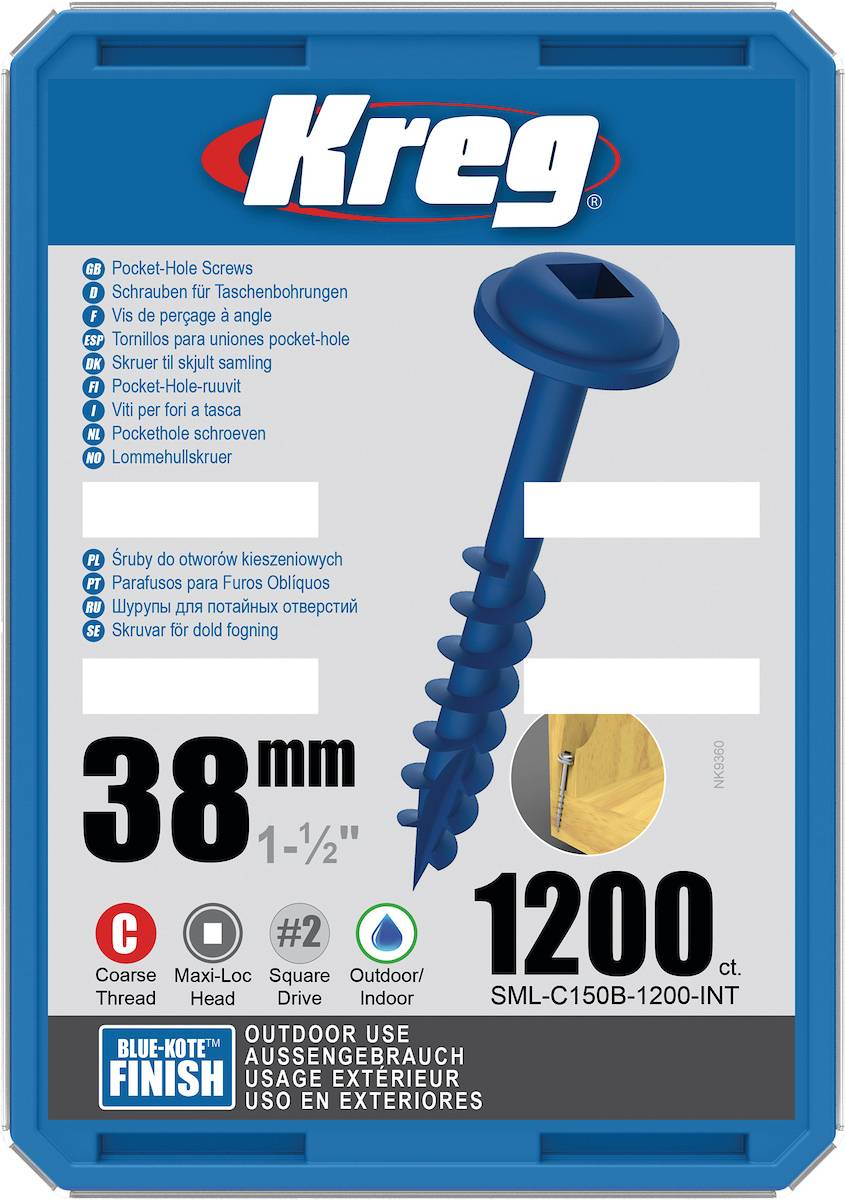 Vis à trous de poche 38 mm Revêtu de Zinc Maxi-Loc, Filetage épai, 1200 - KREG - SML-C150B-1200-INT