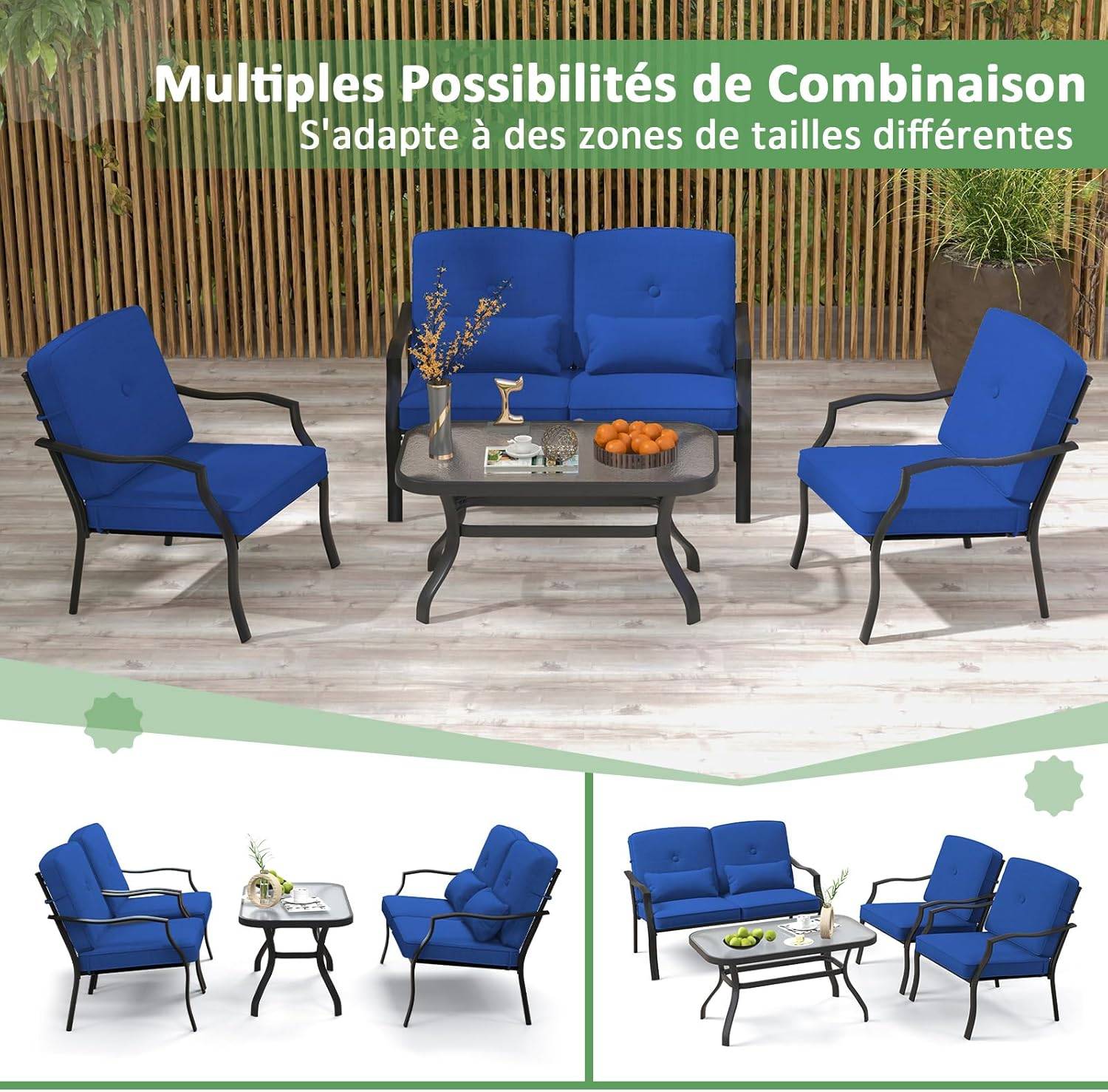 Costway - Salon de Jardin 4 Pièces avec Table Basse en Verre Trempé et Coussins Charge 300KG,Cadre Métallique 4 Places,pour Patio Balcon Terrasse(Bleu) - Image 7