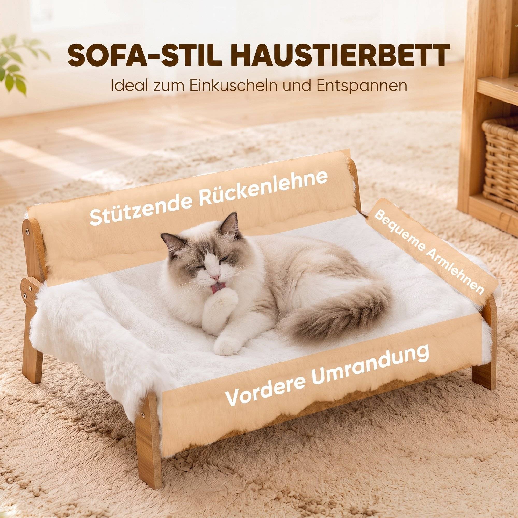 ComfortXL - Lit surélevé chien chat MDF peluche blanche 70 x 47 x 30 cm coussin 5 cm housse amovible antidérapante - Image 4