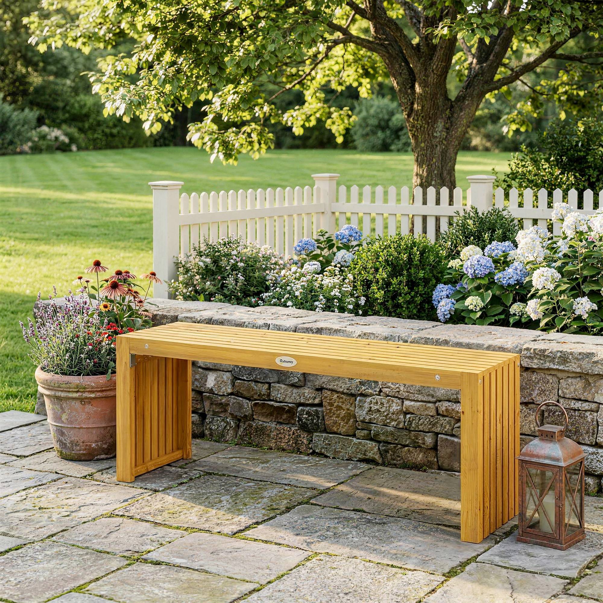 Sans Marque - Banc Jardin Bois Acacia sans Dossier 2 Places Assise Lattes 110x30x45cm Bois naturel - Image 4