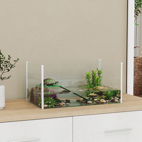 Aquarium pour tortues, terrarium avec plateforme, rampe et vue panoramique à 360°, 60 x 35 x 28 cm, blanc - Image 4
