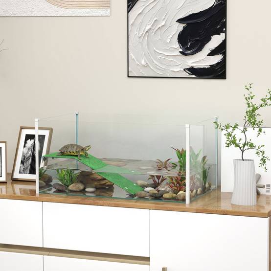Aquarium pour tortues, terrarium avec plateforme, rampe et vue panoramique à 360°, 60 x 35 x 28 cm, blanc - Image 3