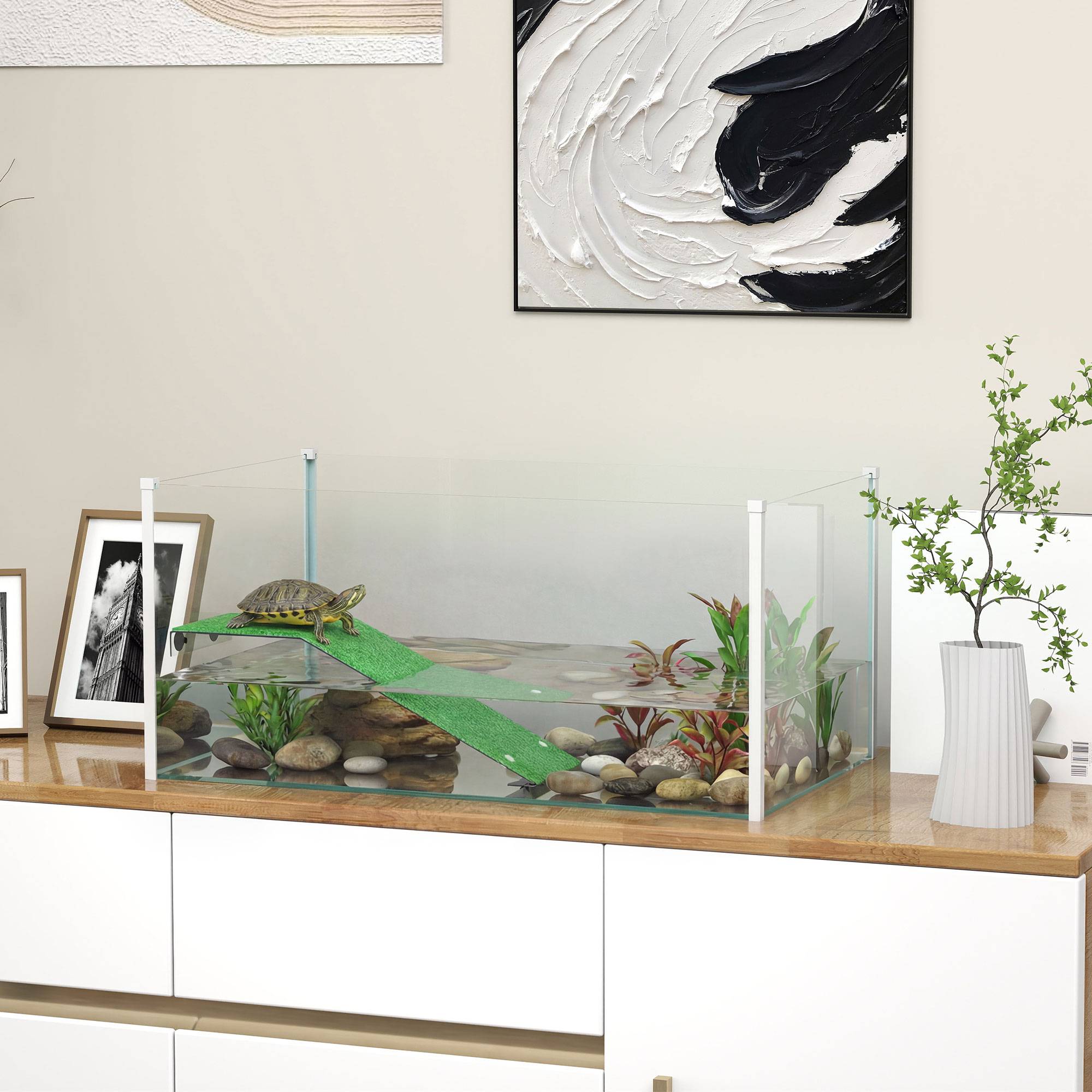 Aquarium pour tortues, terrarium avec plateforme, rampe et vue panoramique à 360°, 60 x 35 x 28 cm, blanc - Image 3