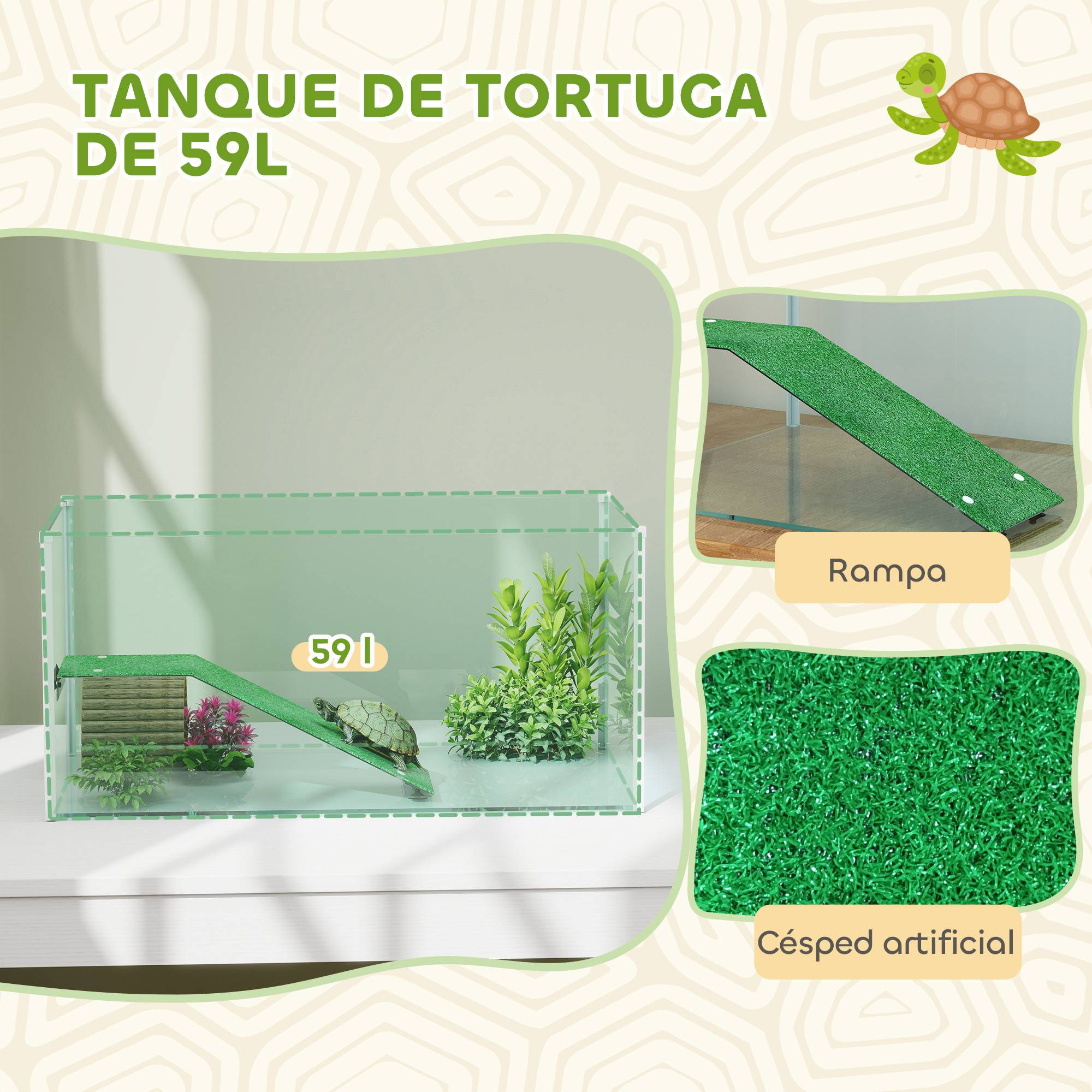 Aquarium pour tortues, terrarium avec plateforme, rampe et vue panoramique à 360°, 60 x 35 x 28 cm, blanc - Image 6