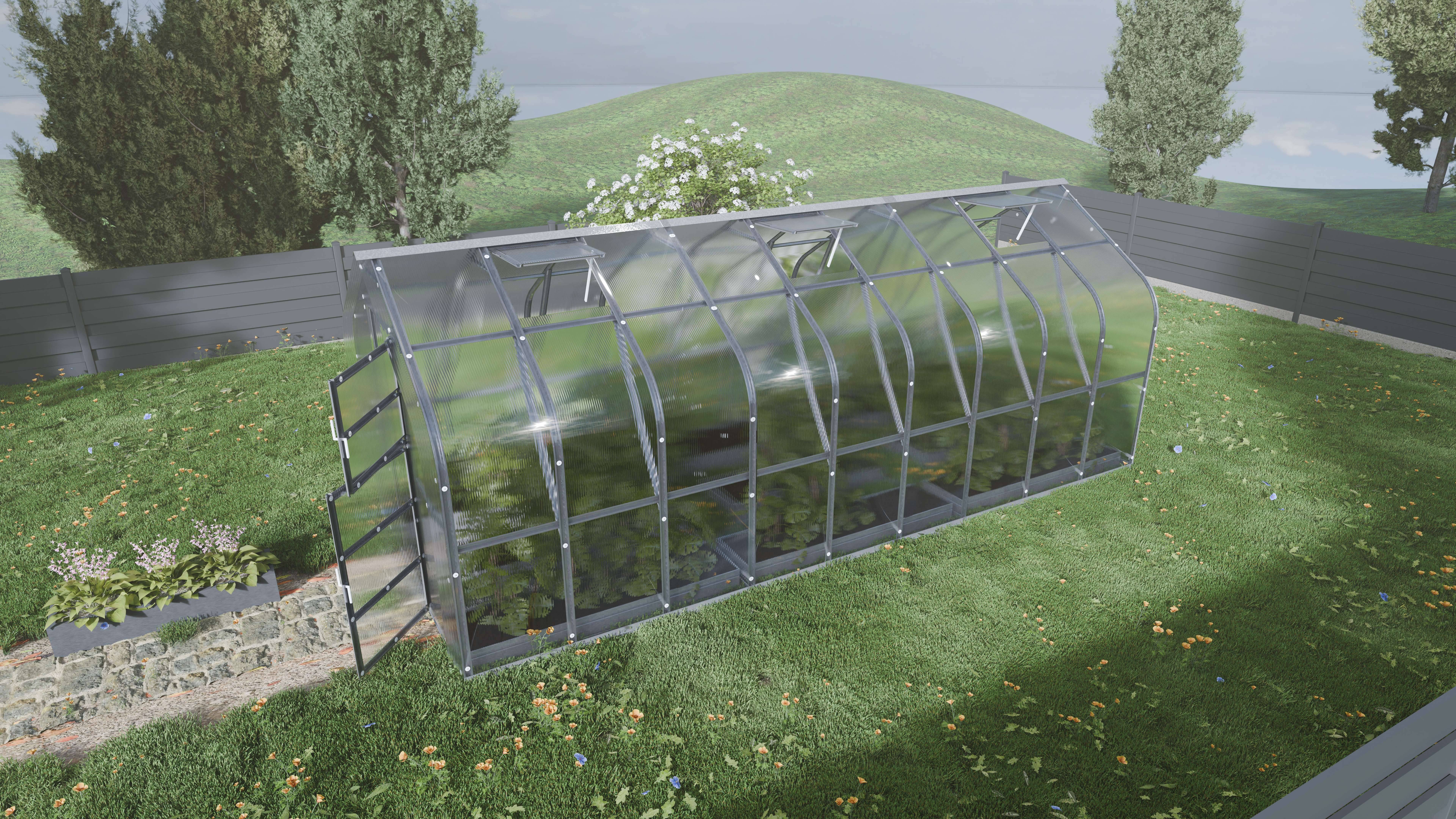 KLASIKA GREENHOUSES - Serre KLASIKA Standard 15m2, 2,5m x 6m, 4 mm avec revêtement en polycarbonate (Avec 3 toits ouvrants automatiques) - Image 1