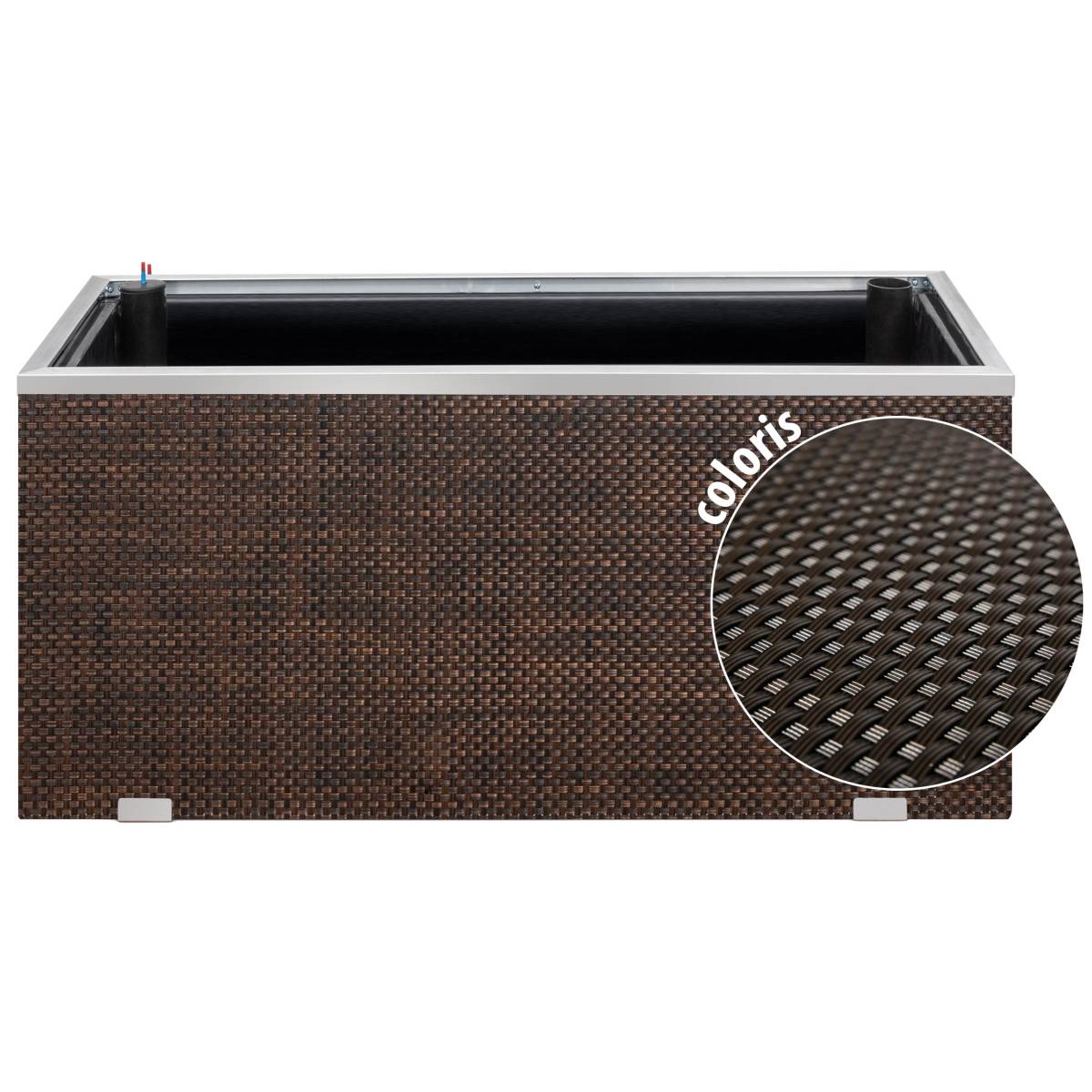 Rattan Art - Jardinière en résine tressée avec réserve d'eau et cadre en aluminium 95 x 39 x 43 cm Marron foncé - Imagen 1